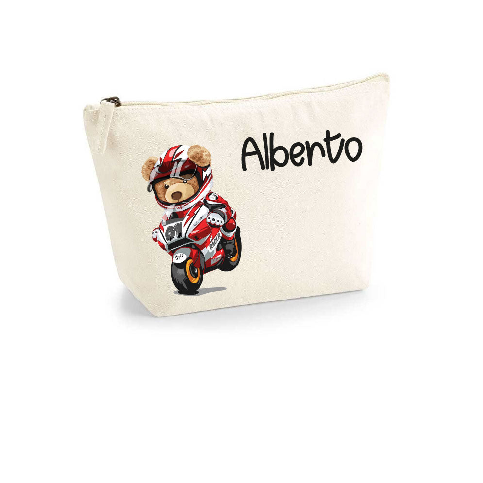 Pochette in cotone organico personalizzabile Orsetto in Moto - Be Brave Boutique