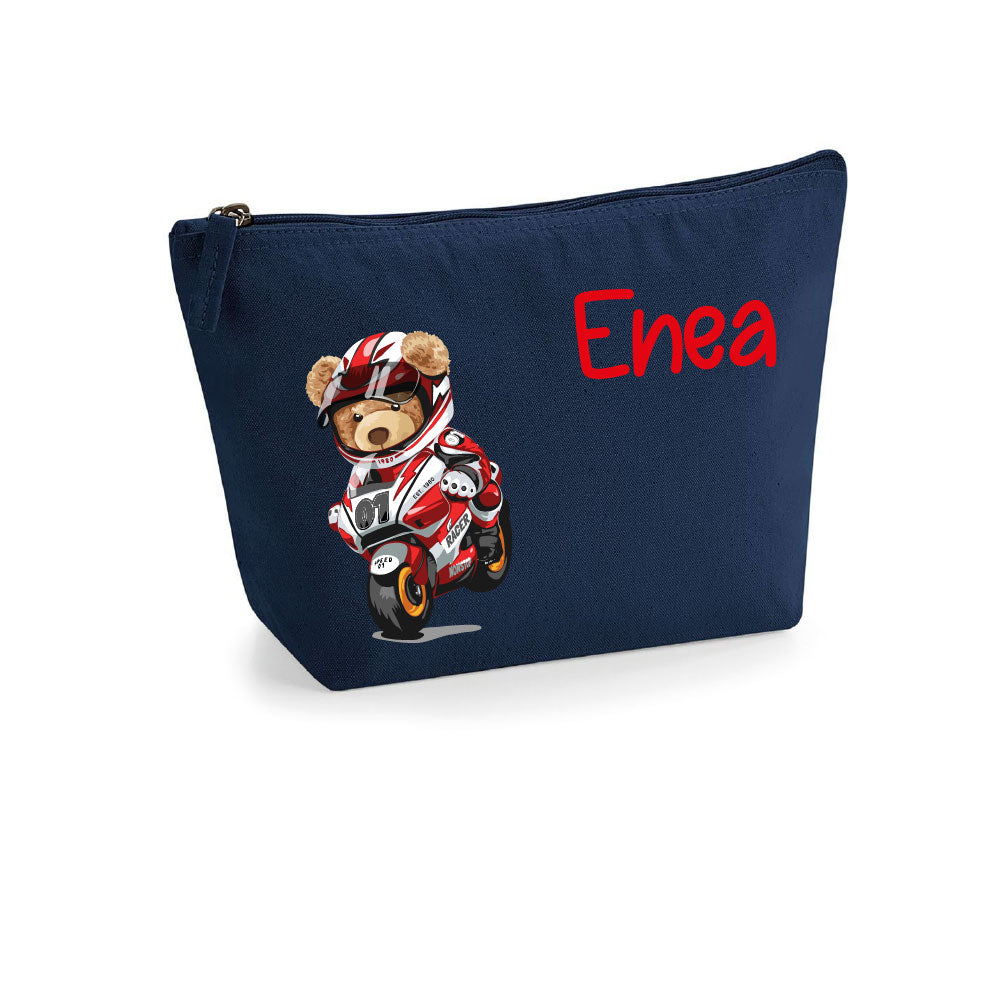 Pochette in cotone organico personalizzabile Orsetto in Moto - Be Brave Boutique