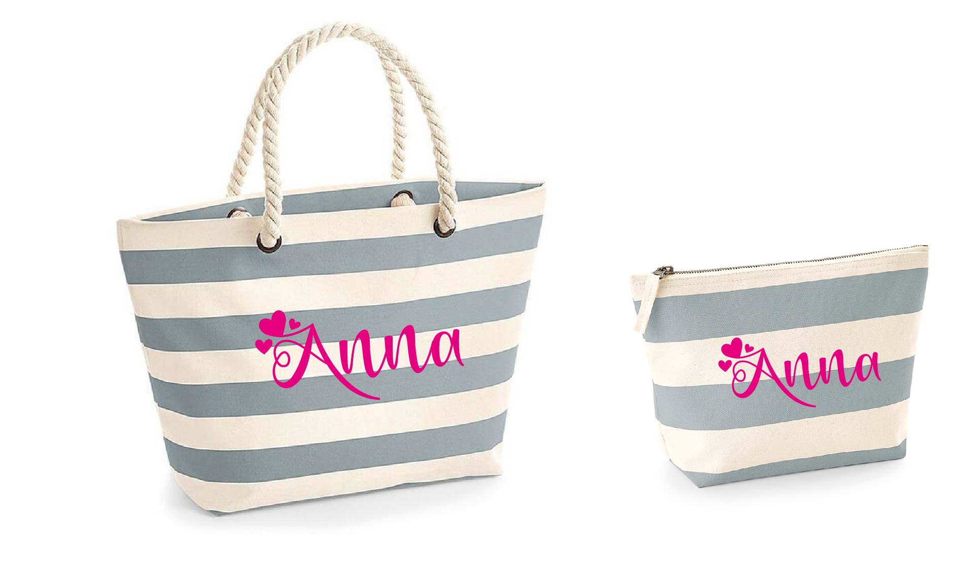 Borsa e pochette in cotone canvas a righe Grigio personalizzabile - Be Brave Boutique