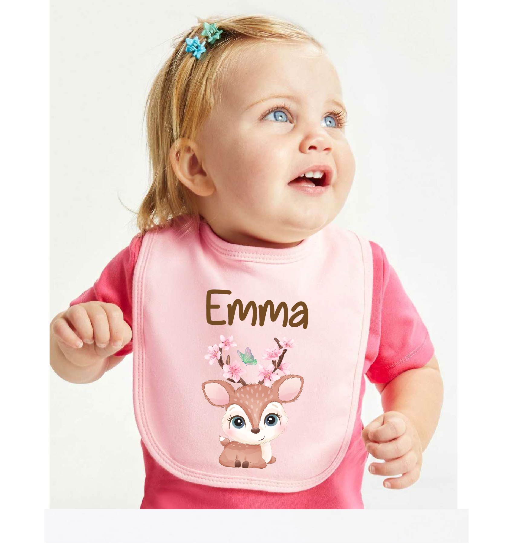 Bavaglino in Cotone organico Cerbiatto fiori di pesco personalizzabile - Be Brave Boutique