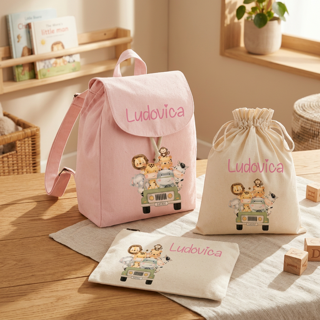 Set Asilo Bambino Personalizzato – Zaino, Sacchetto e Beauty Safari Verde