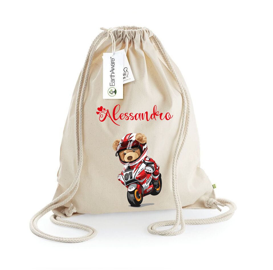 Zaino a sacca in cotone pesante Orsetto in Moto - Be Brave Boutique