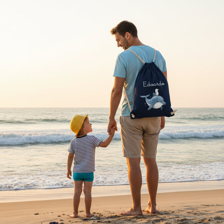 Zaino Sacca Asilo Personalizzato – Bambino con Nome Dolce Delfino