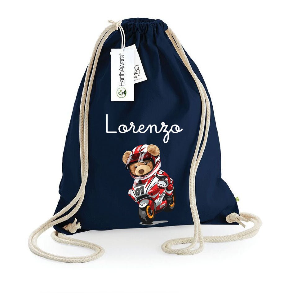 Zaino a sacca in cotone pesante Orsetto in Moto - Be Brave Boutique