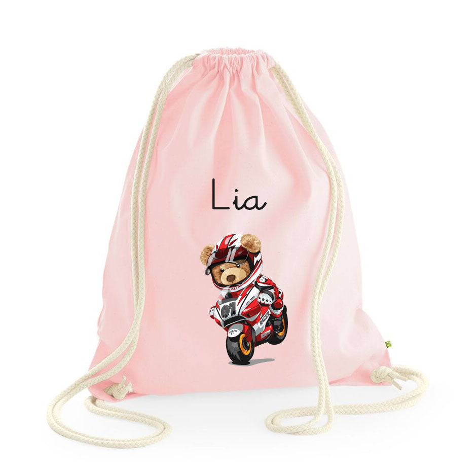 Zaino a sacca in cotone pesante Orsetto in Moto - Be Brave Boutique
