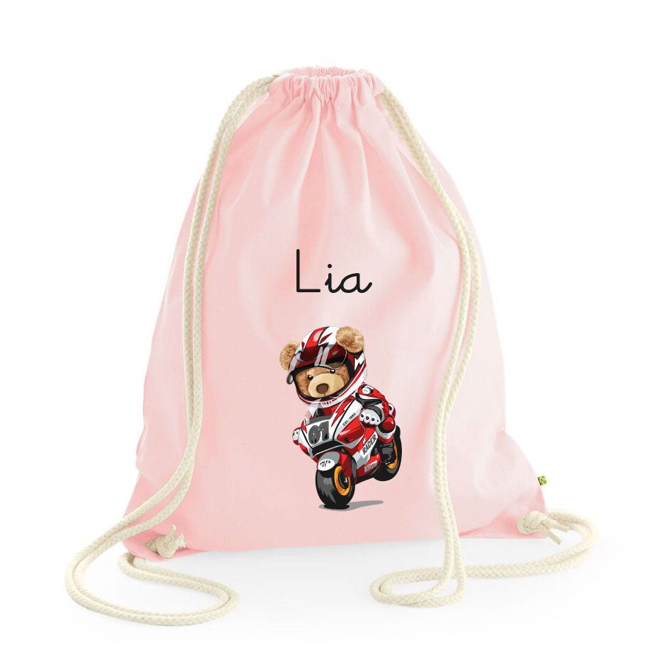 Zaino a sacca in cotone pesante Orsetto in Moto - Be Brave Boutique