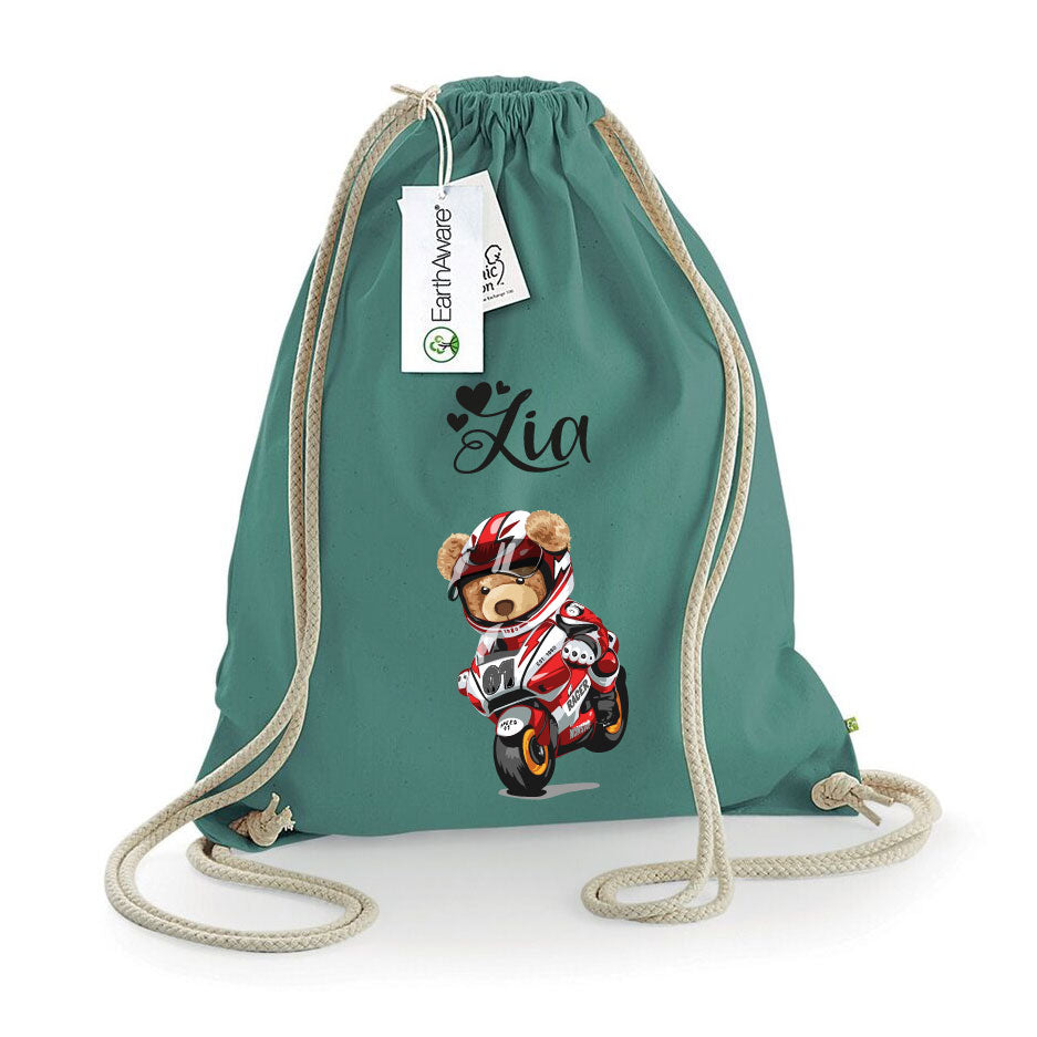 Zaino a sacca in cotone pesante Orsetto in Moto - Be Brave Boutique