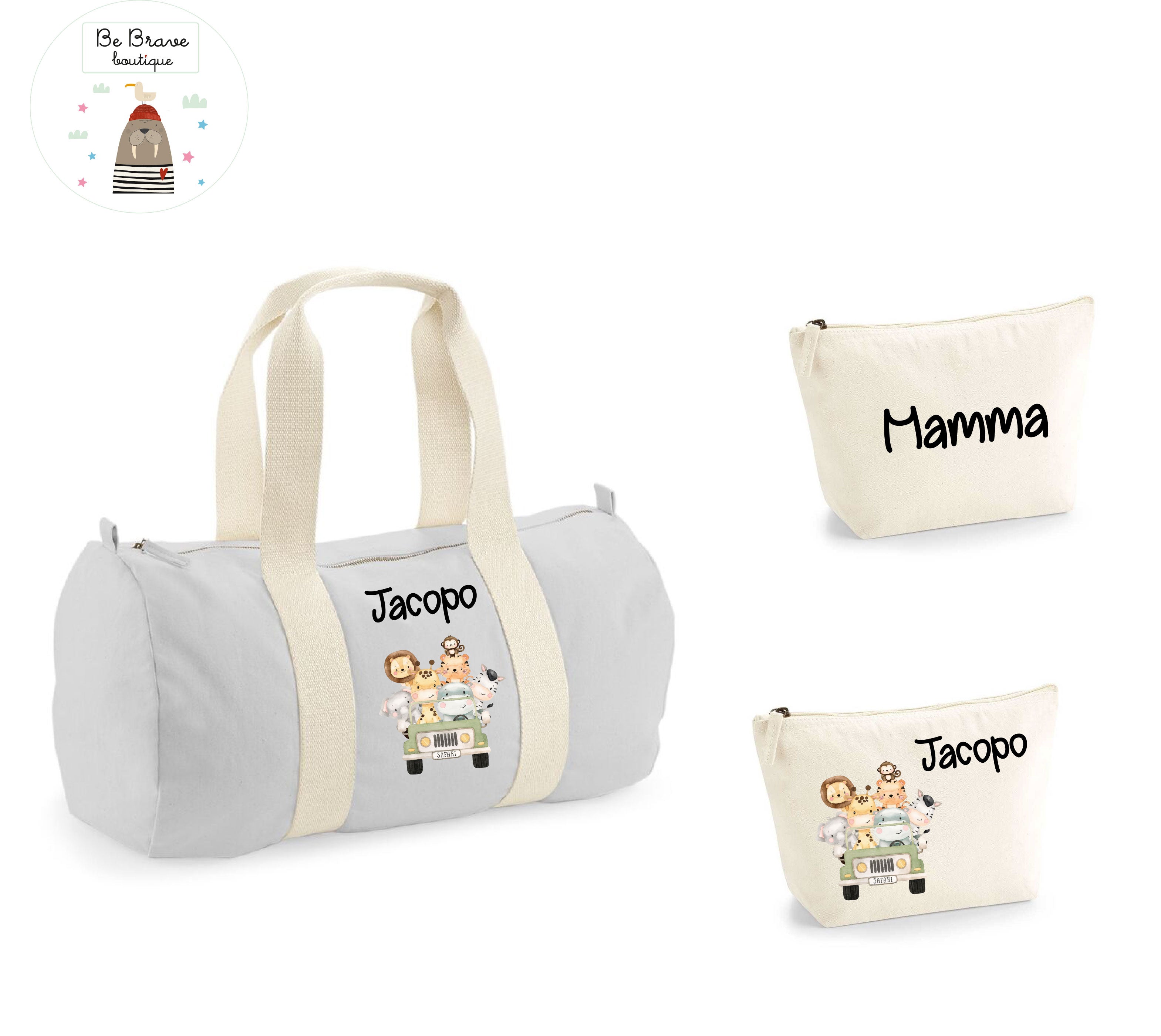 Borsone Baby e 2 beauty case in cotone Safari personalizzati con nome