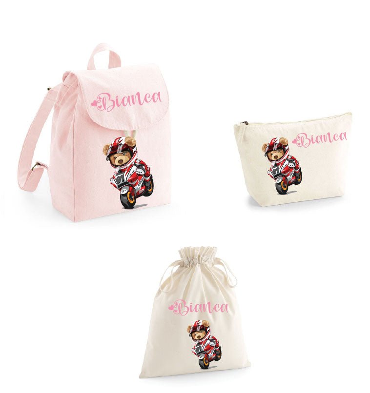 Set asilo Mini Zaino, Sacchetto cambi e beauty Orsetto in Moto - Be Brave Boutique