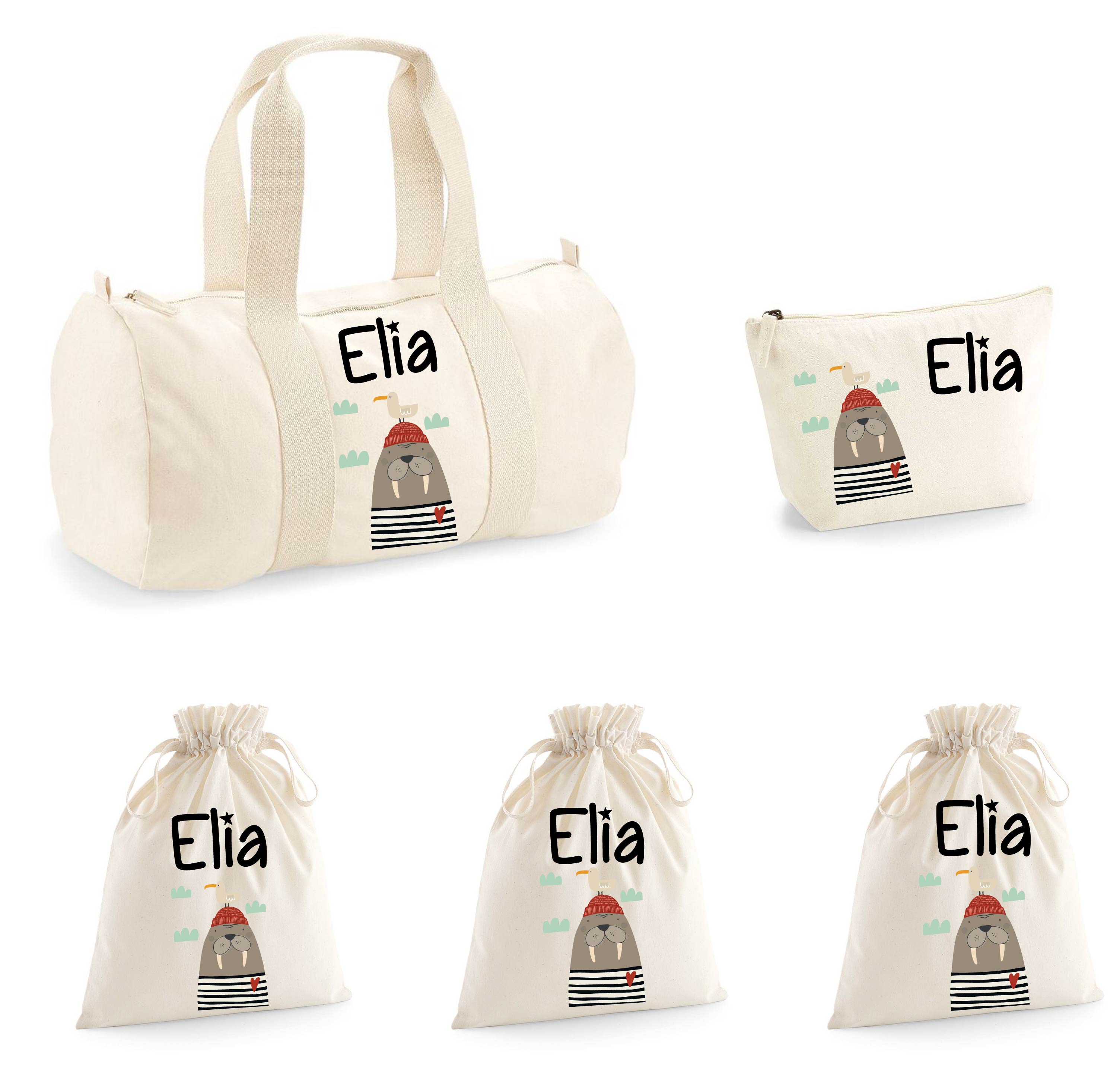 Set Borsone Baby, 1 beauty case e 3 sacchi primi cambi in cotone canvas Tricheco - Be Brave Boutique