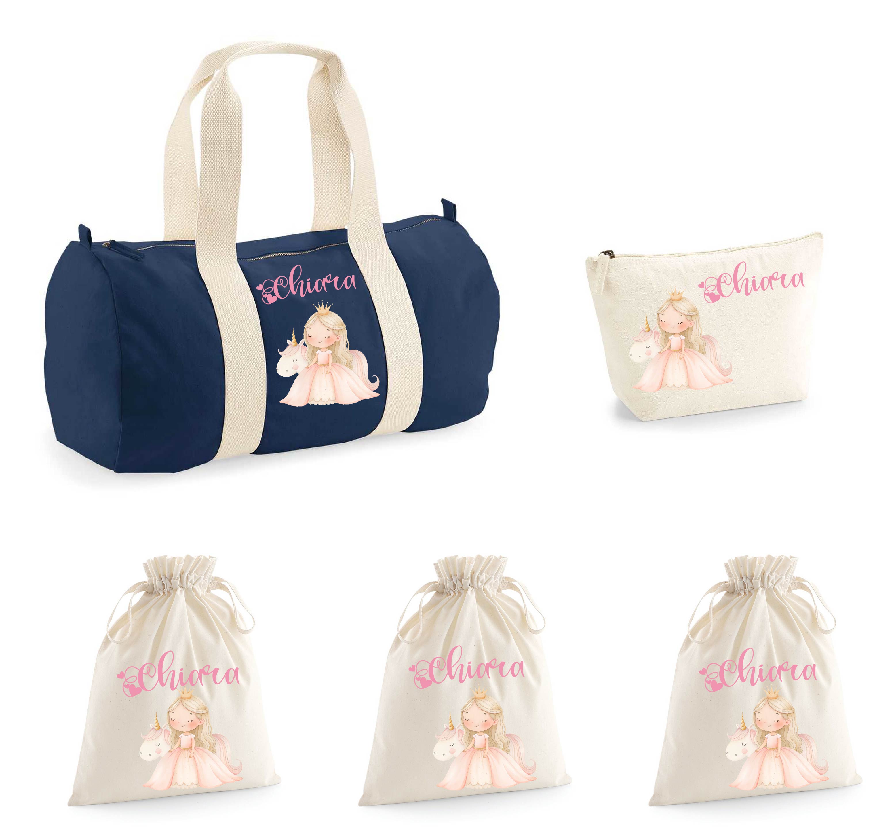 Set Nascita Borsone Baby, 3 sacchi cambi e 1 beauty personalizzati Principessa Unicorno - Be Brave Boutique