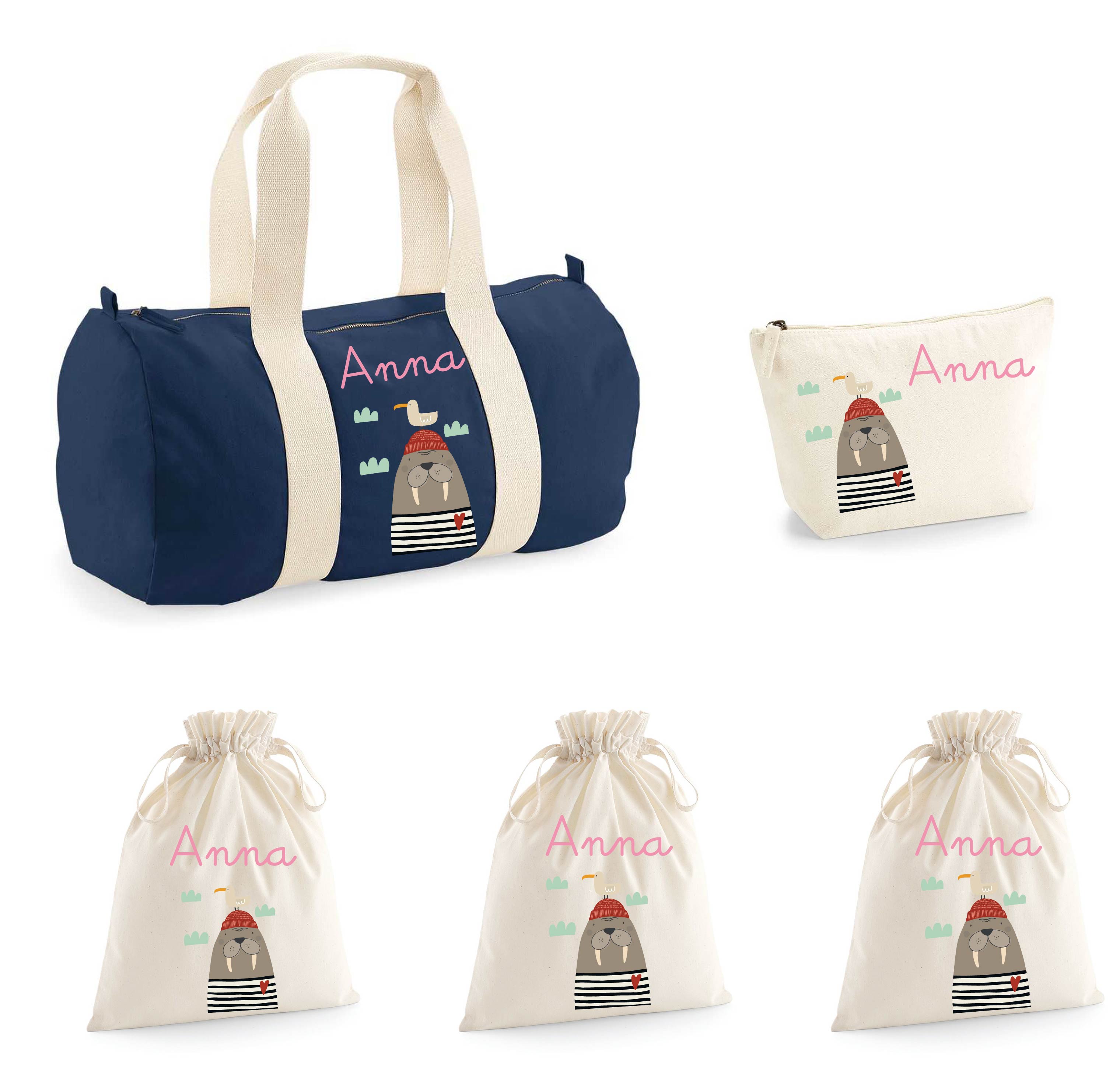 Set Borsone Baby, 1 beauty case e 3 sacchi primi cambi in cotone canvas Tricheco - Be Brave Boutique