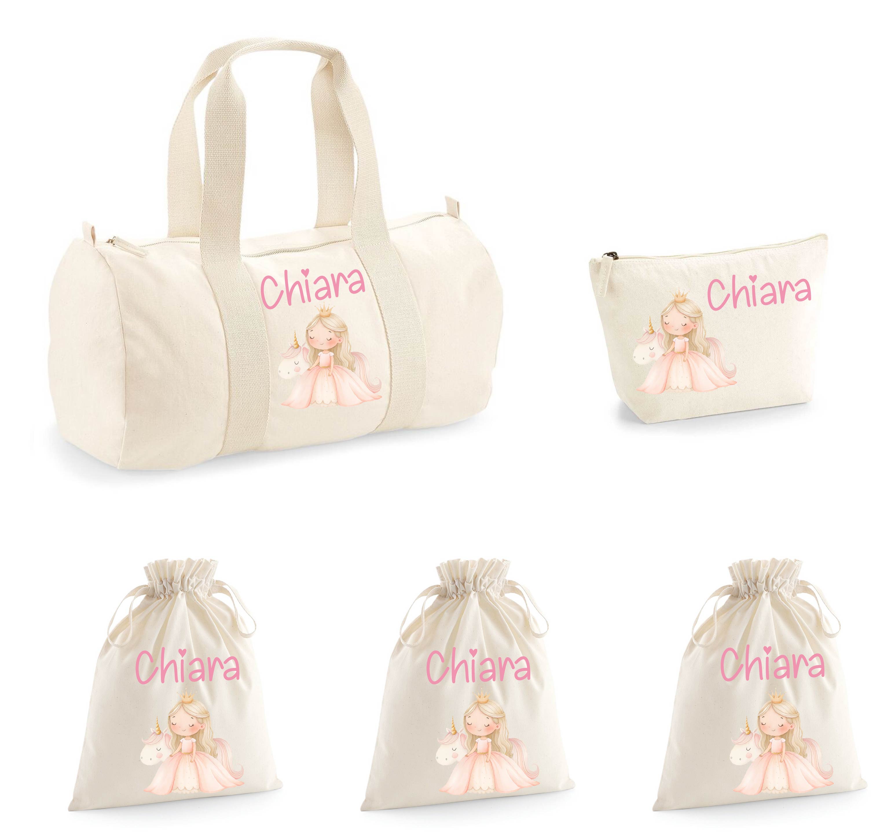 Set Nascita Borsone Baby, 3 sacchi cambi e 1 beauty personalizzati Principessa Unicorno - Be Brave Boutique