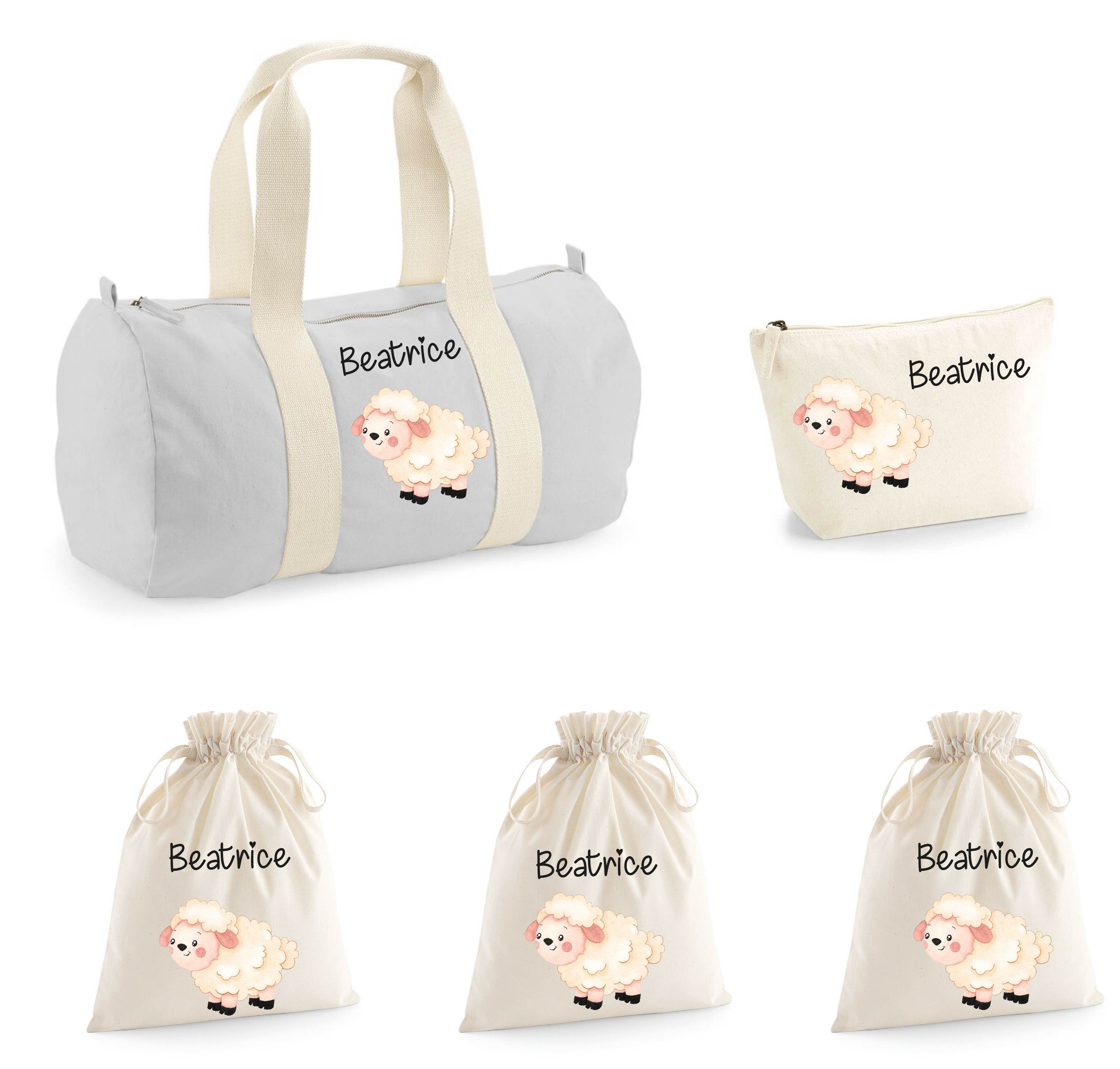 Set Nascita Borsone Baby, 3 sacchi cambi e 1 beauty personalizzati Pecorella - Be Brave Boutique