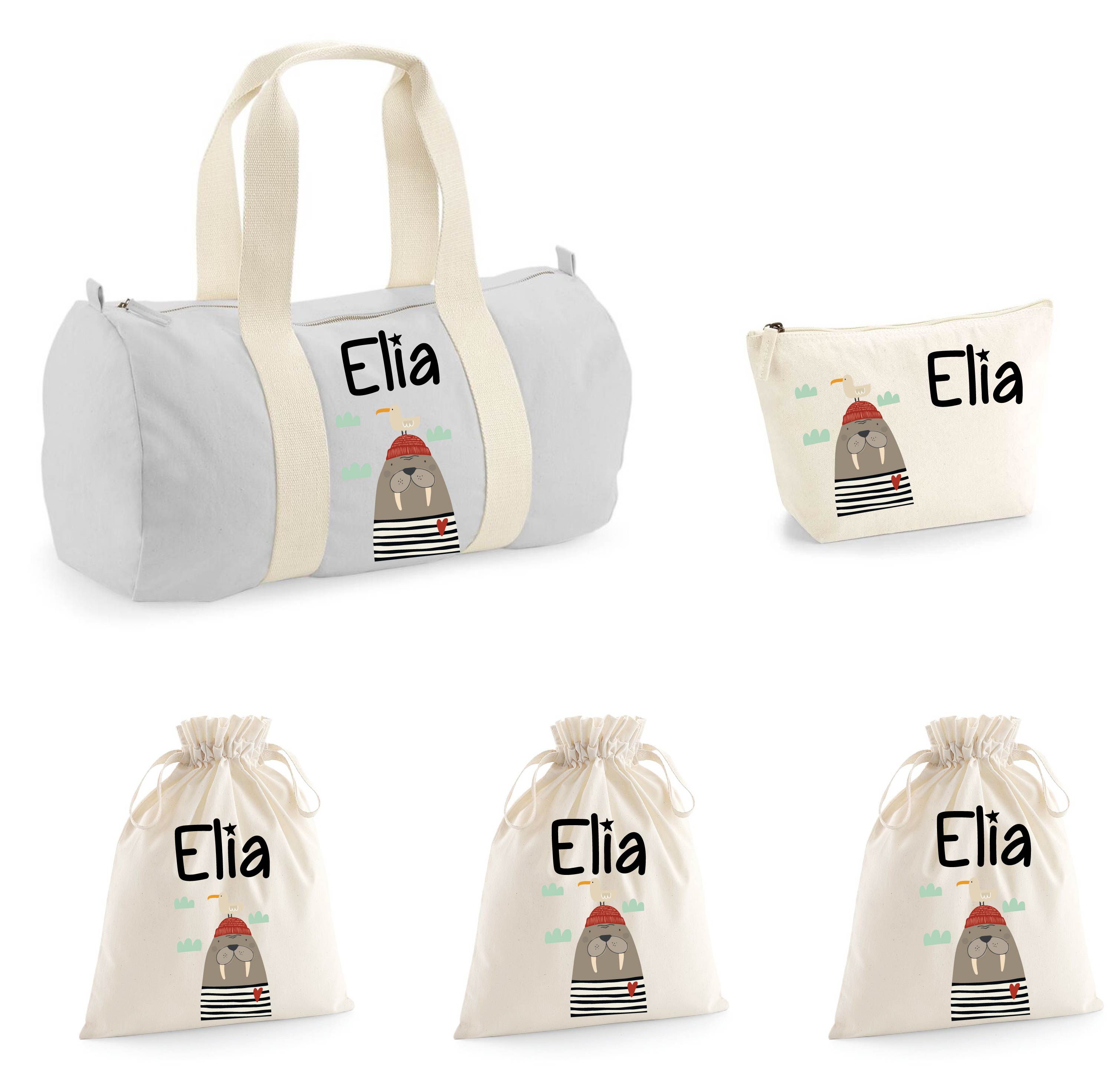 Set Borsone Baby, 1 beauty case e 3 sacchi primi cambi in cotone canvas Tricheco - Be Brave Boutique