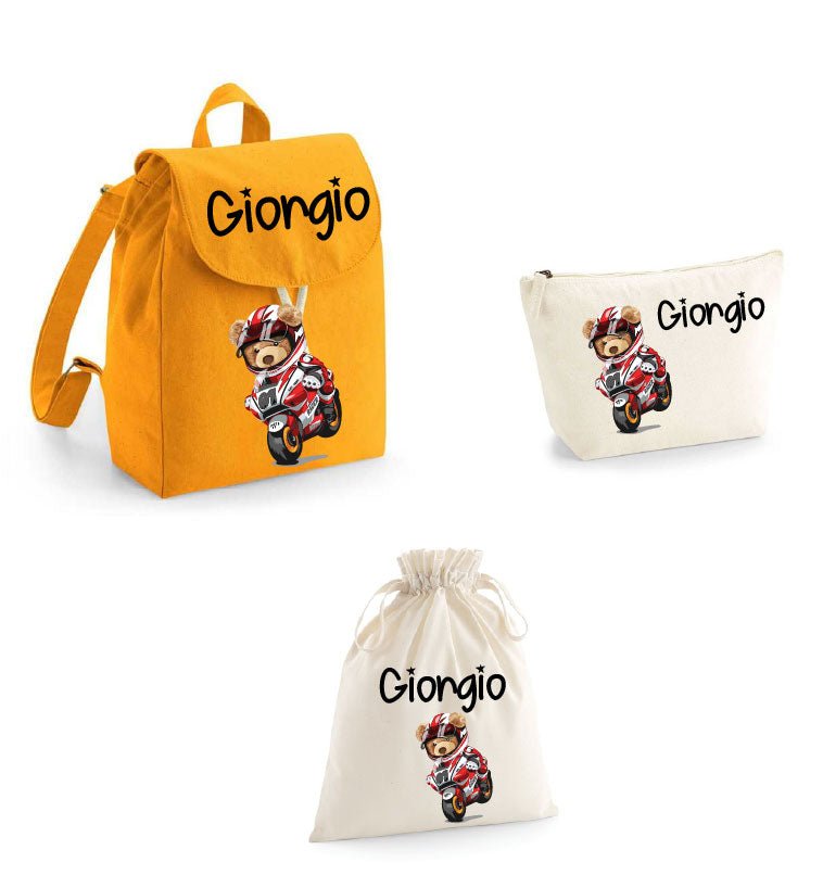 Set asilo Mini Zaino, Sacchetto cambi e beauty Orsetto in Moto - Be Brave Boutique