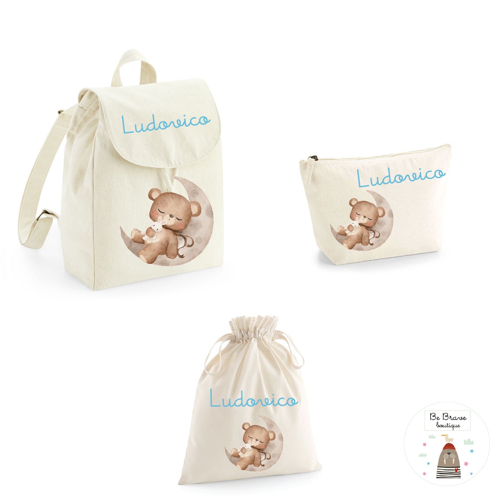 Set Asilo Completo Personalizzato – Mini Zaino, Sacchetto Beauty Bambino Orso su Luna