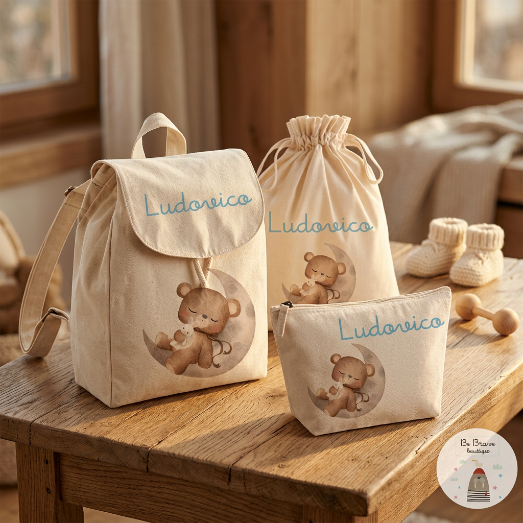 Set Asilo Completo Personalizzato – Mini Zaino, Sacchetto Beauty Bambino Orso su Luna