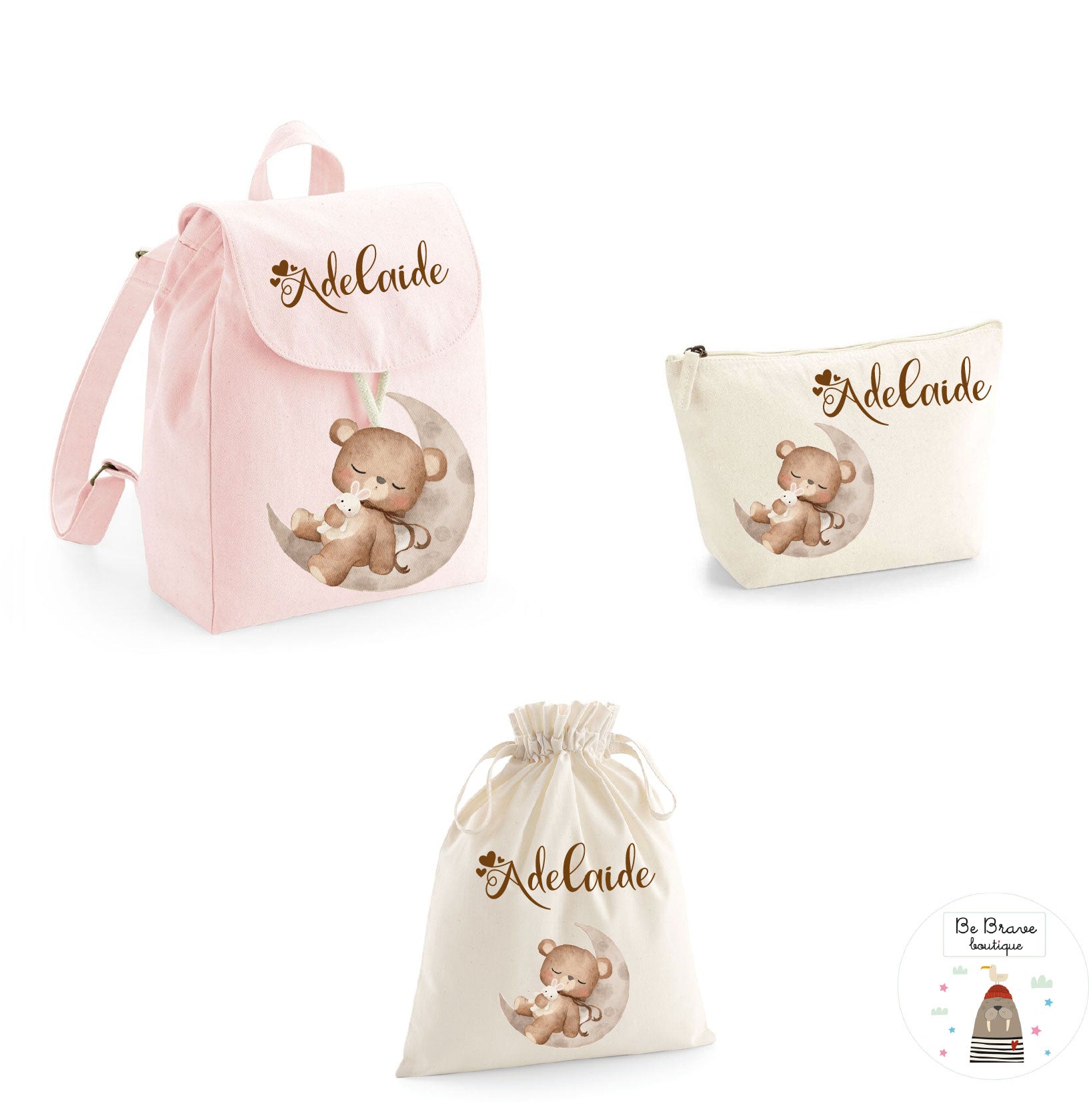 Set Asilo Completo Personalizzato – Mini Zaino, Sacchetto Beauty Bambino Orso su Luna