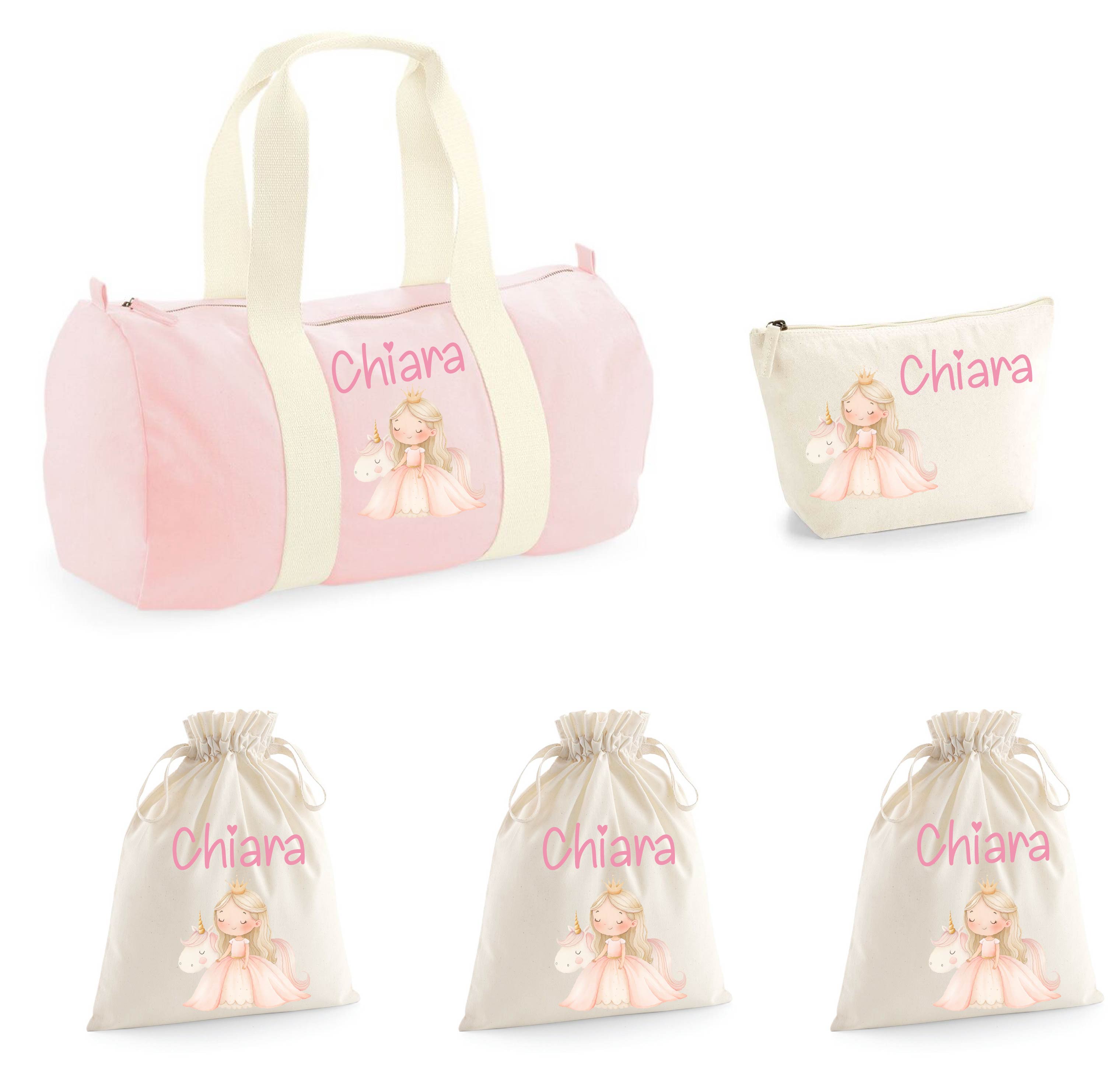 Set Nascita Borsone Baby, 3 sacchi cambi e 1 beauty personalizzati Principessa Unicorno - Be Brave Boutique