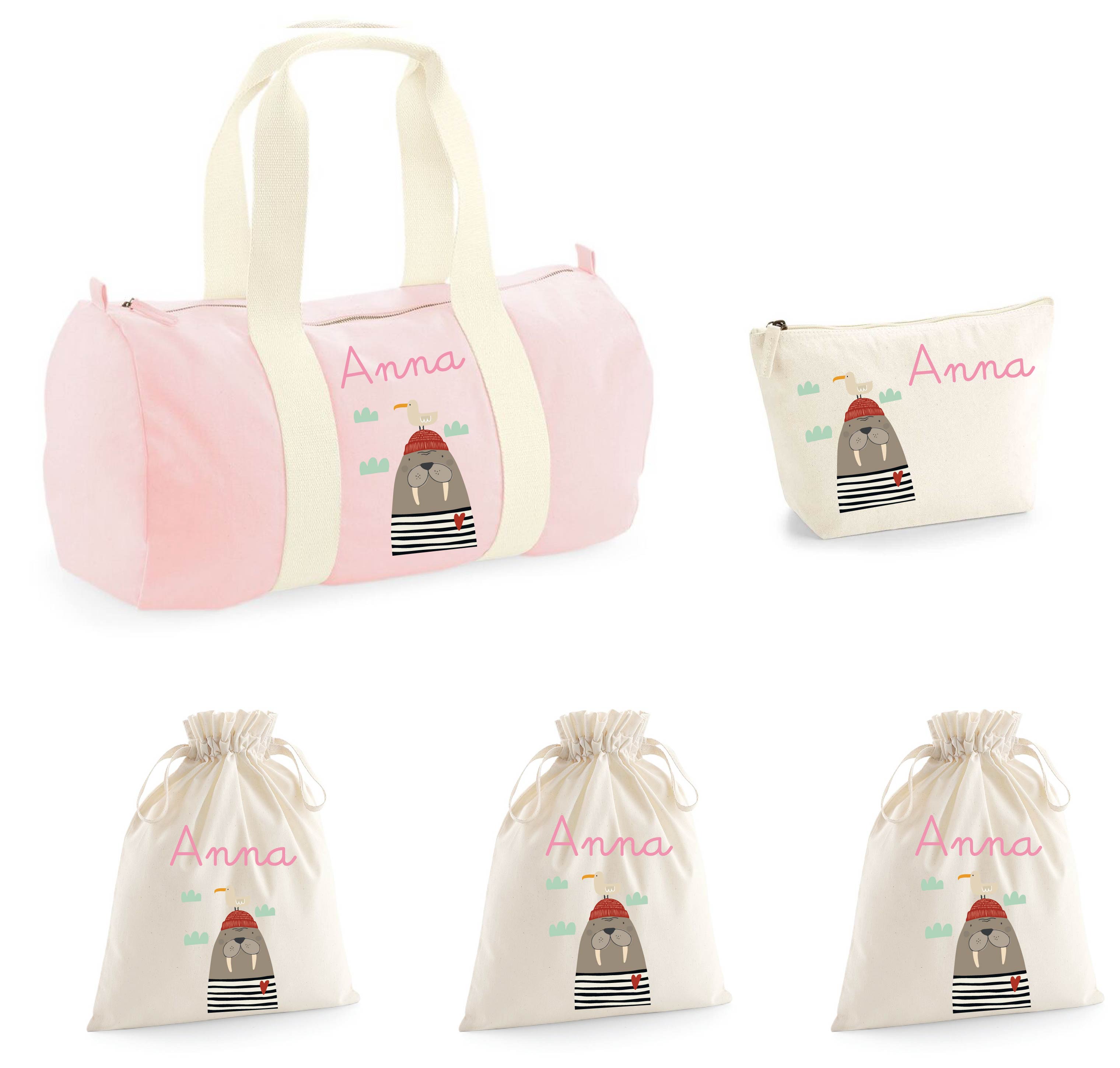 Set Borsone Baby, 1 beauty case e 3 sacchi primi cambi in cotone canvas Tricheco - Be Brave Boutique