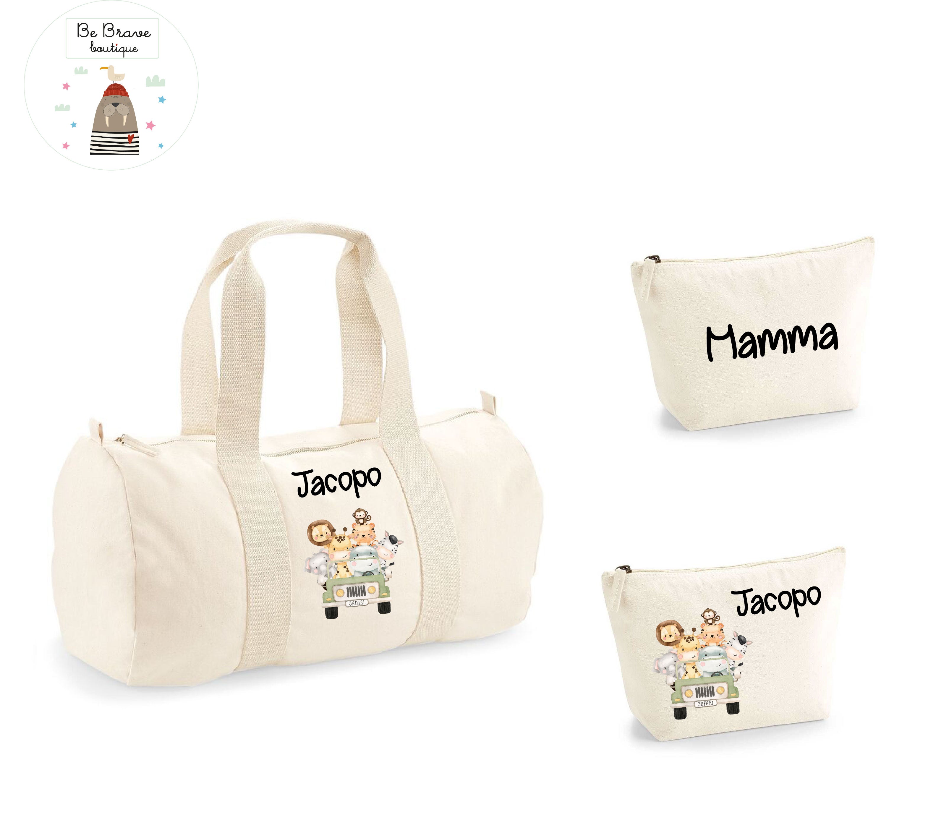 Borsone Baby e 2 beauty case in cotone Safari personalizzati con nome
