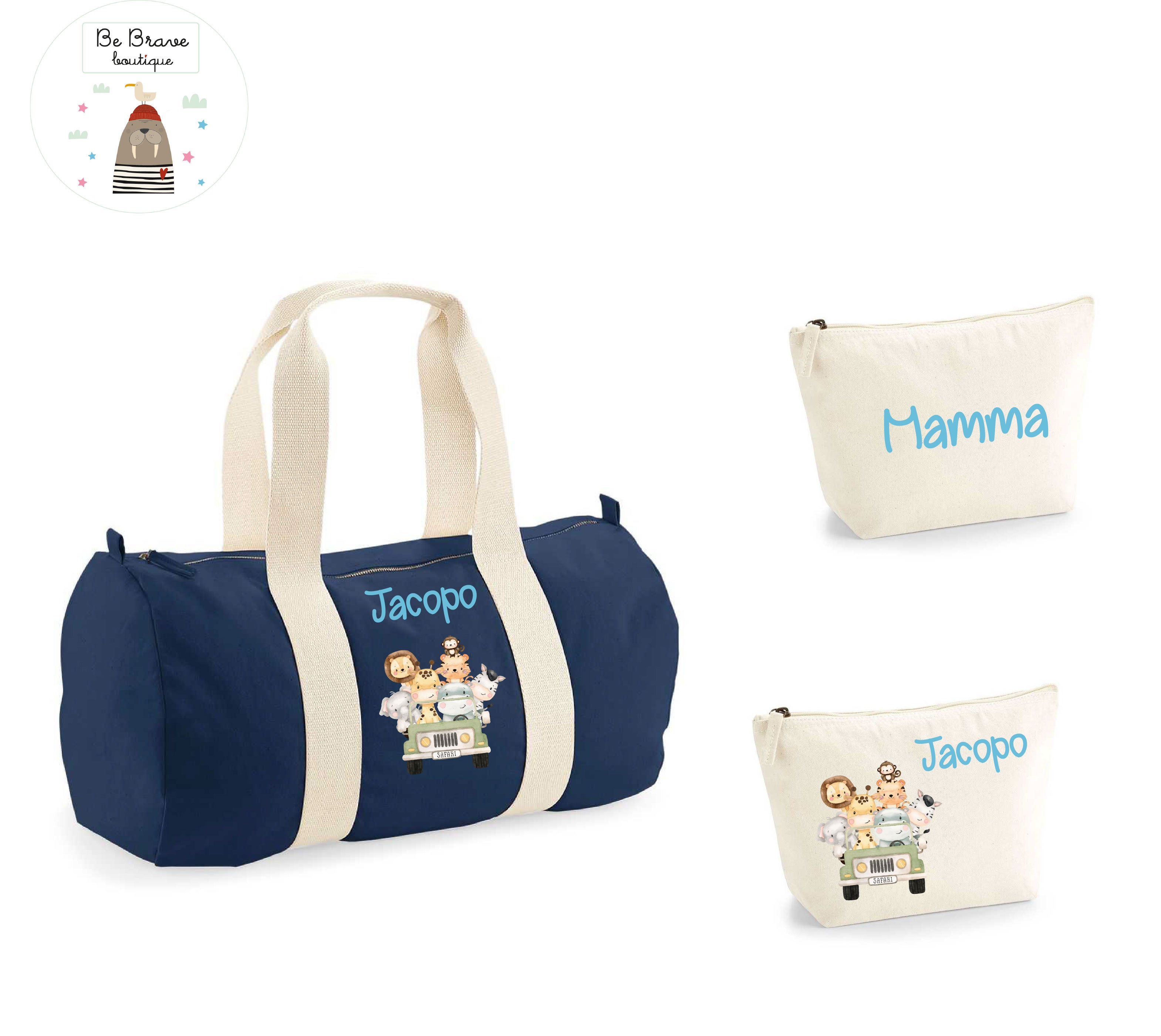 Borsone Baby e 2 beauty case in cotone Safari personalizzati con nome