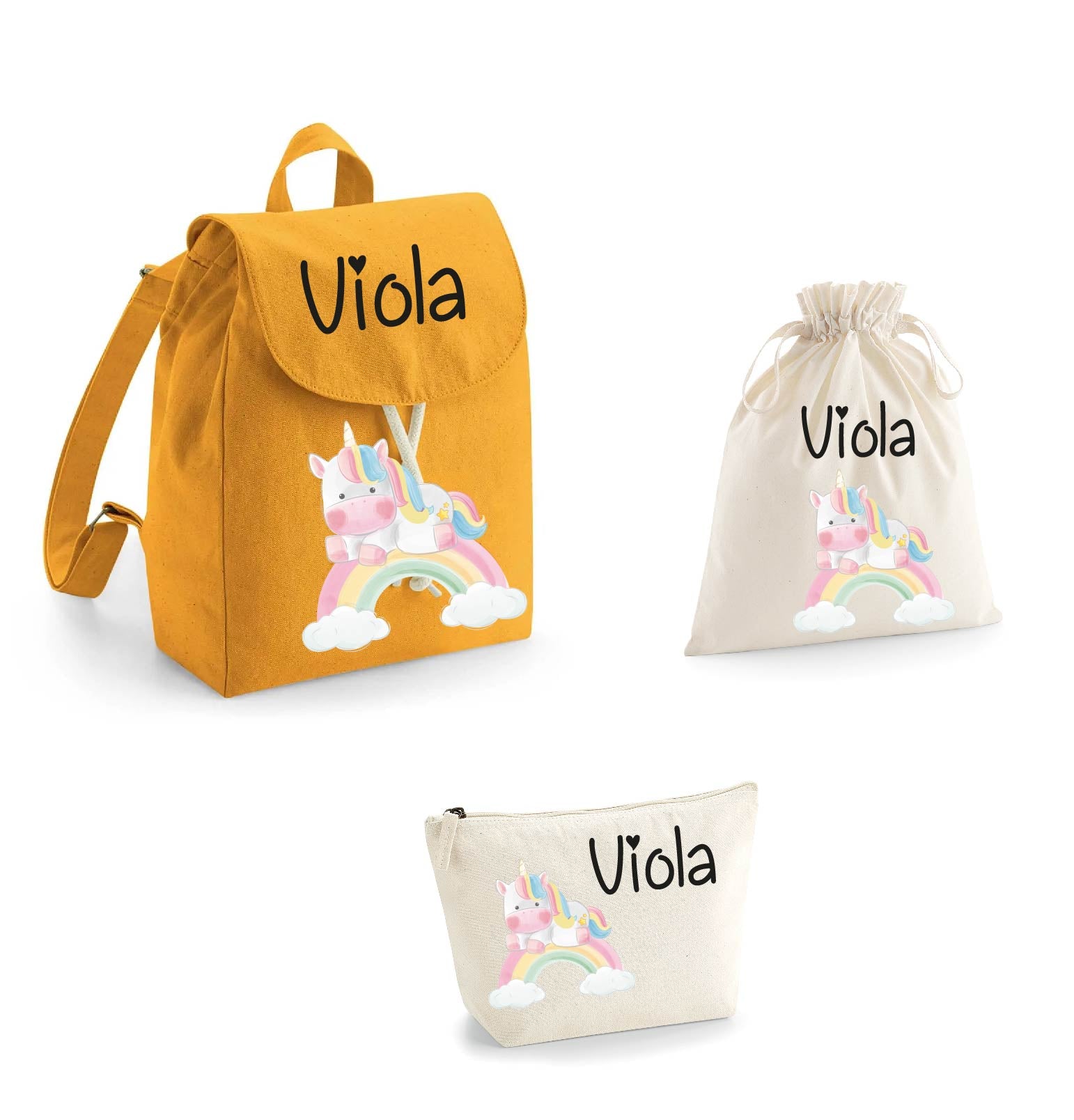 Set asilo Mini Zaino, Sacchetto cambi e beauty Unicorno Arcobaleno - Be Brave Boutique