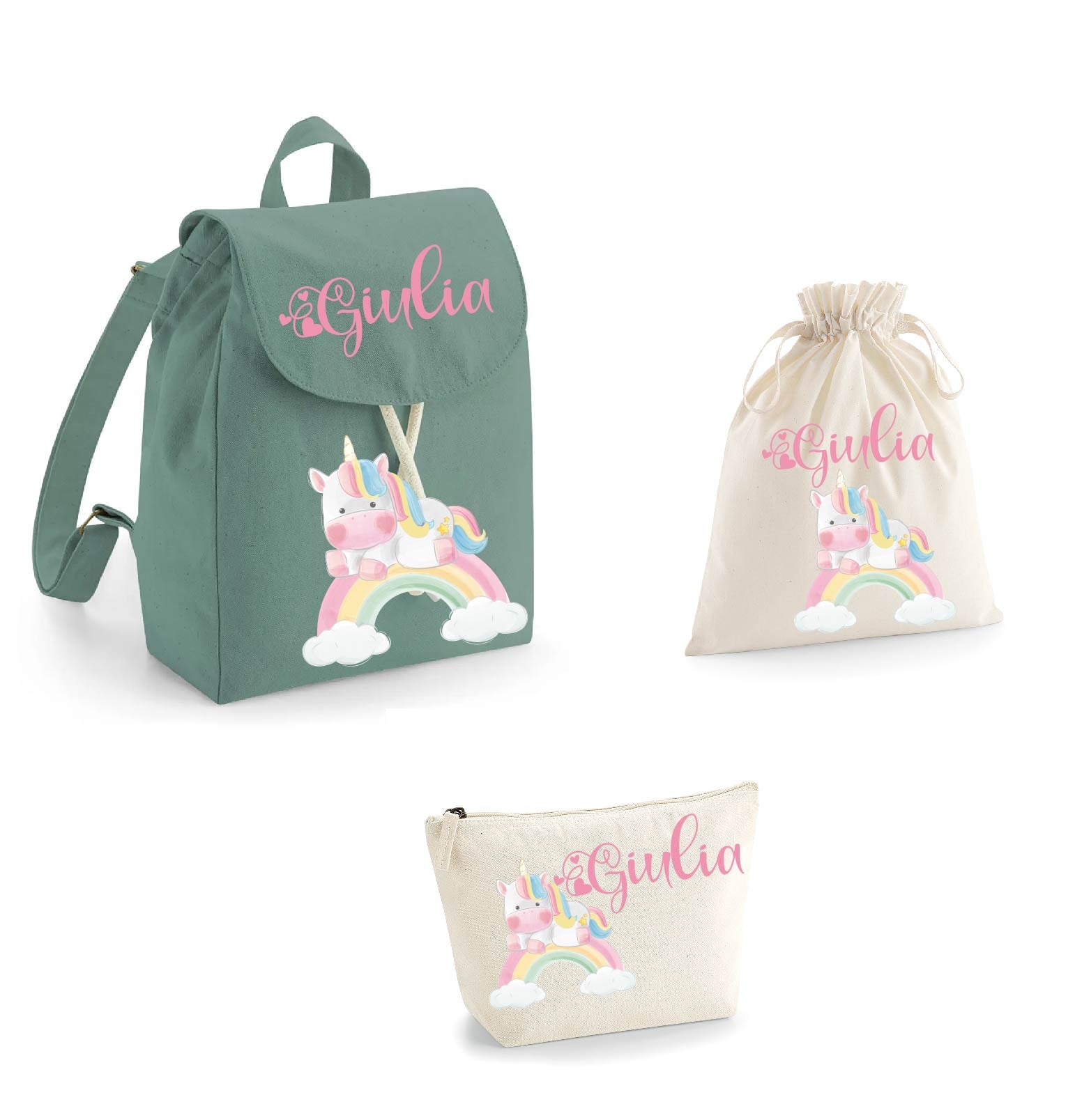 Set asilo Mini Zaino, Sacchetto cambi e beauty Unicorno Arcobaleno - Be Brave Boutique