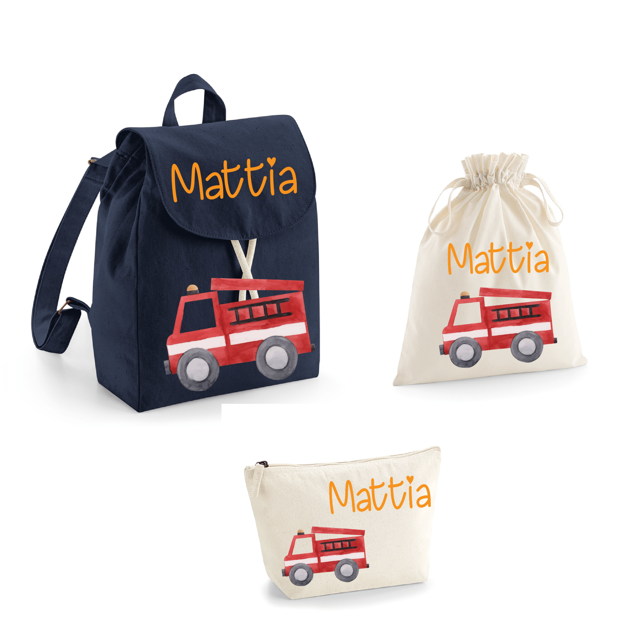 Set asilo Mini Zaino, Sacchetto cambi e beauty Camion Pompieri - Be Brave Boutique