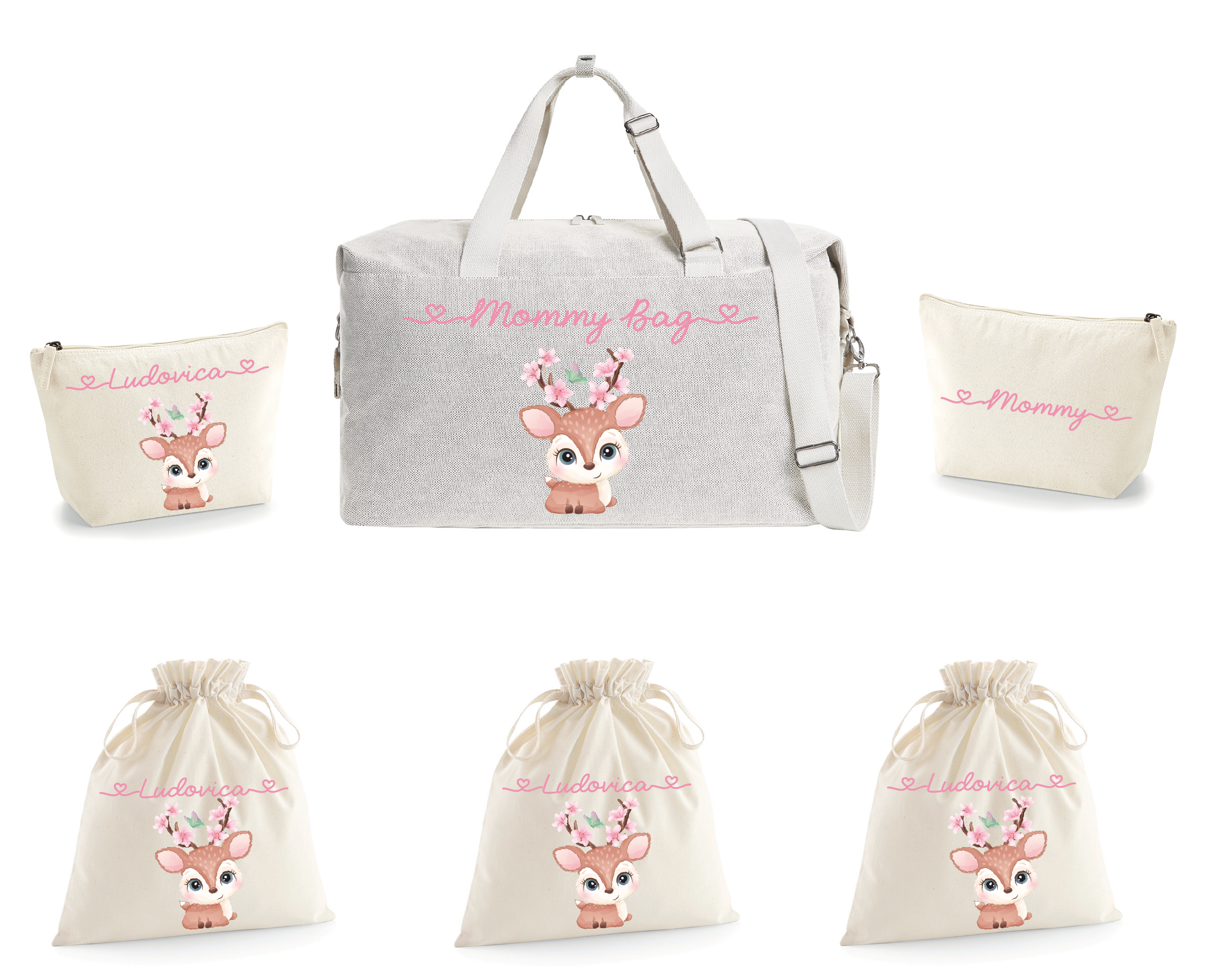 Borsone parto 2 pochette e 3 sacchi in cotone organico Cerbiatta fiori di Pesco - Be Brave Boutique