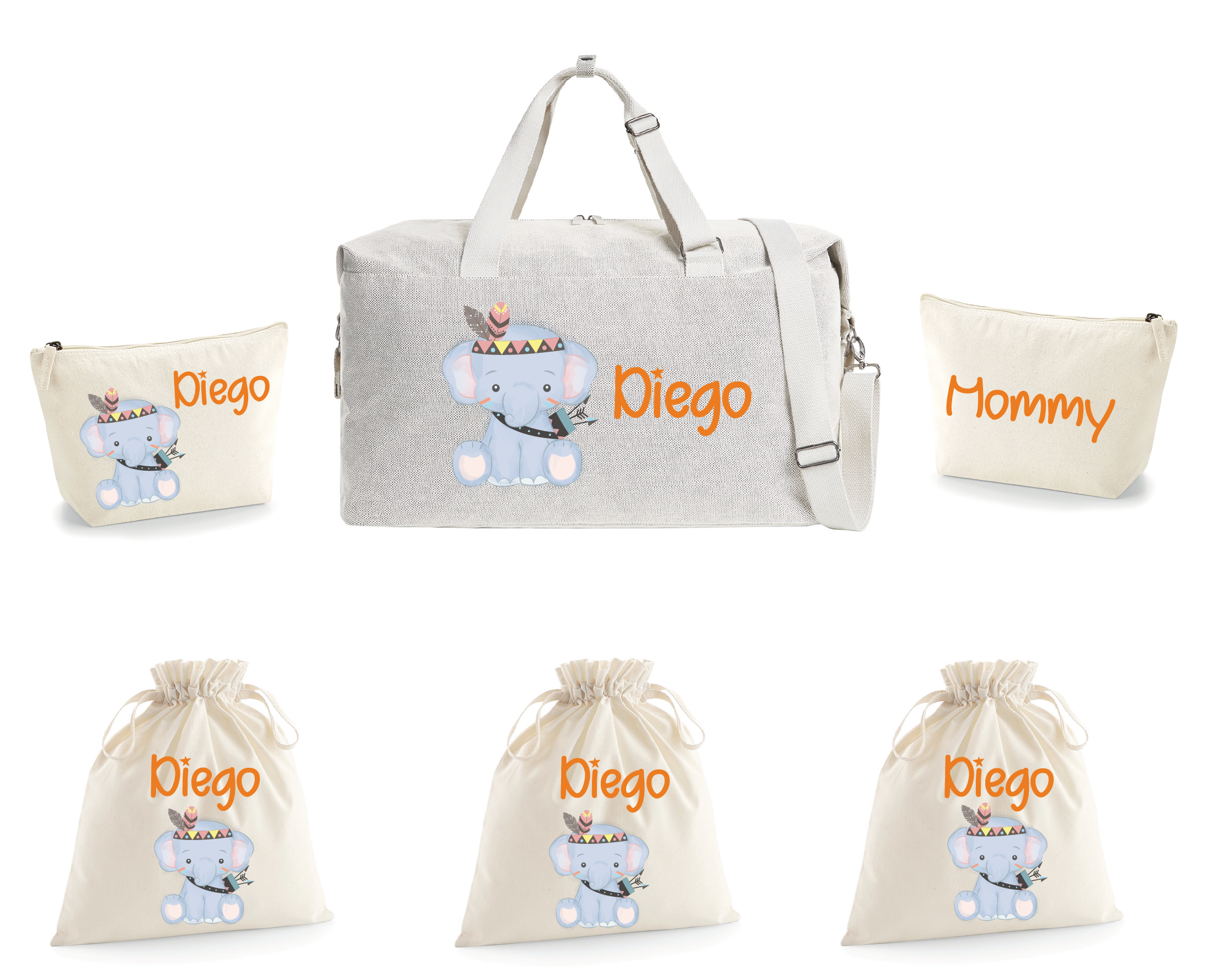 Borsone elefantino indiano, 2 pochette e 3 sacchi in cotone organico - Be Brave Boutique