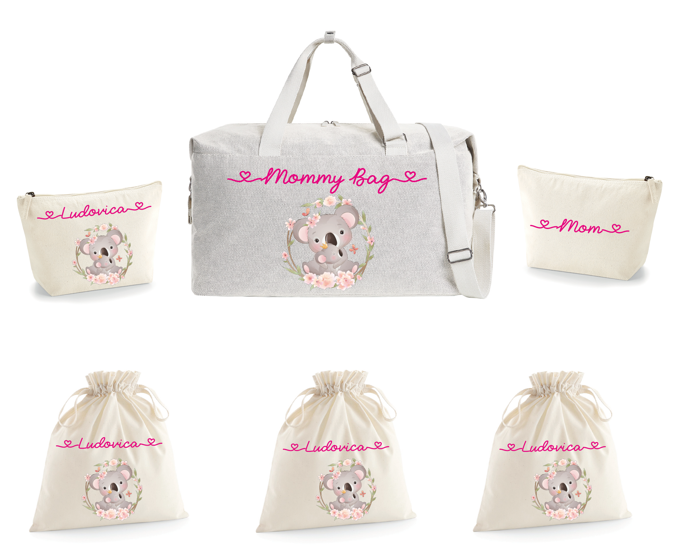 Borsone parto koala, 2 pochette e 3 sacchi in cotone organico - Be Brave Boutique