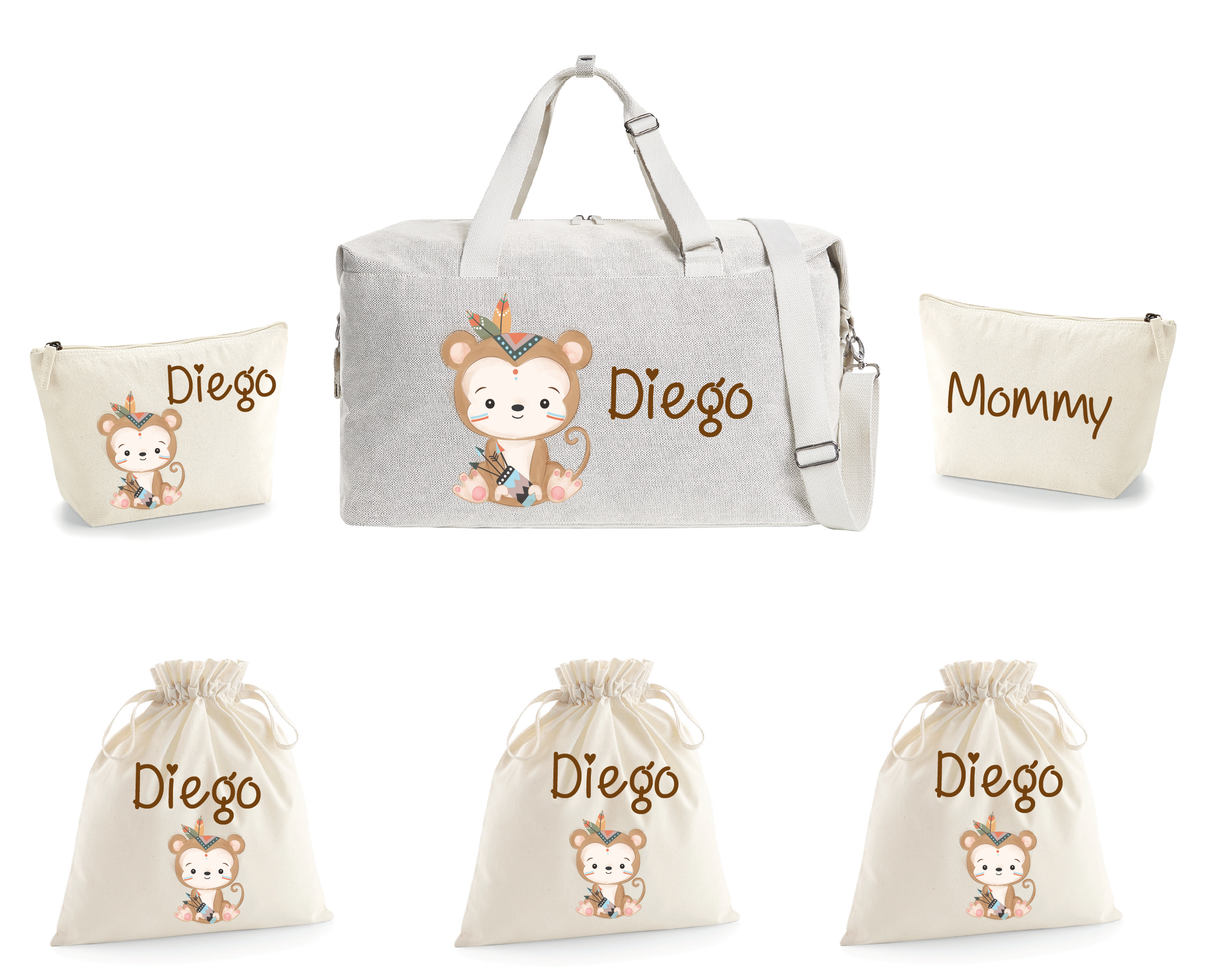 Borsone parto con 2 pochette e 3 sacchi cambi Scimmietta Indiana - Be Brave Boutique