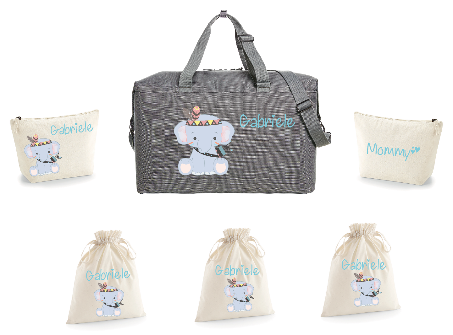 Borsone Mommy Grey 2 beauty e 3 sacchi nascita Elefantino Indiano - Be Brave Boutique