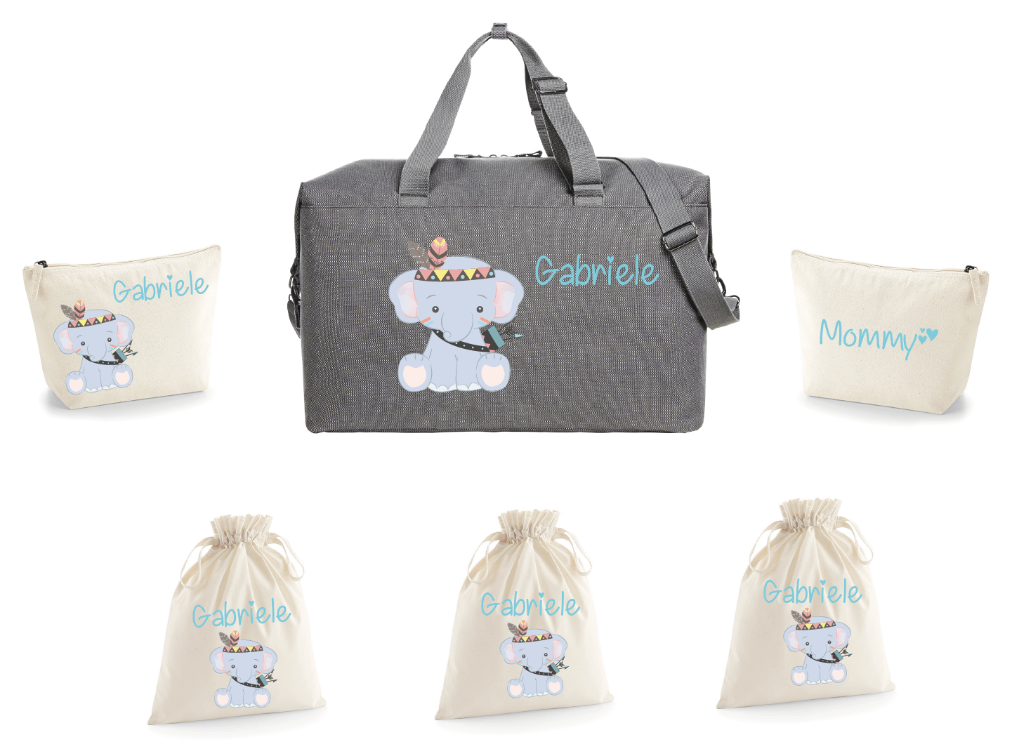 Borsone Mommy Grey 2 beauty e 3 sacchi nascita Elefantino Indiano - Be Brave Boutique
