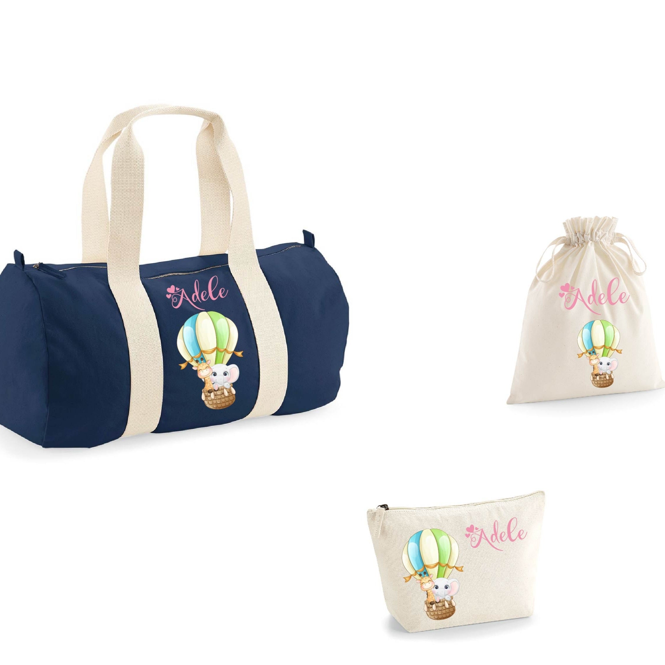 set Borsone, pochette e sacchetto in cotone personalizzato Mongolfiera - Be Brave Boutique