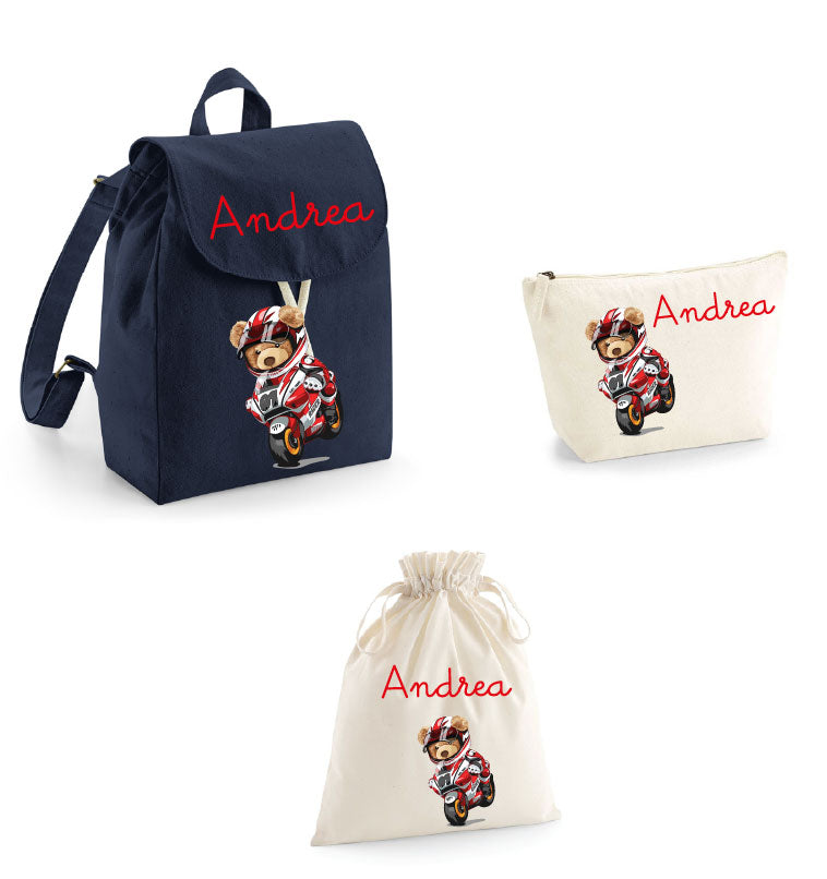 Set asilo Mini Zaino, Sacchetto cambi e beauty Orsetto in Moto - Be Brave Boutique