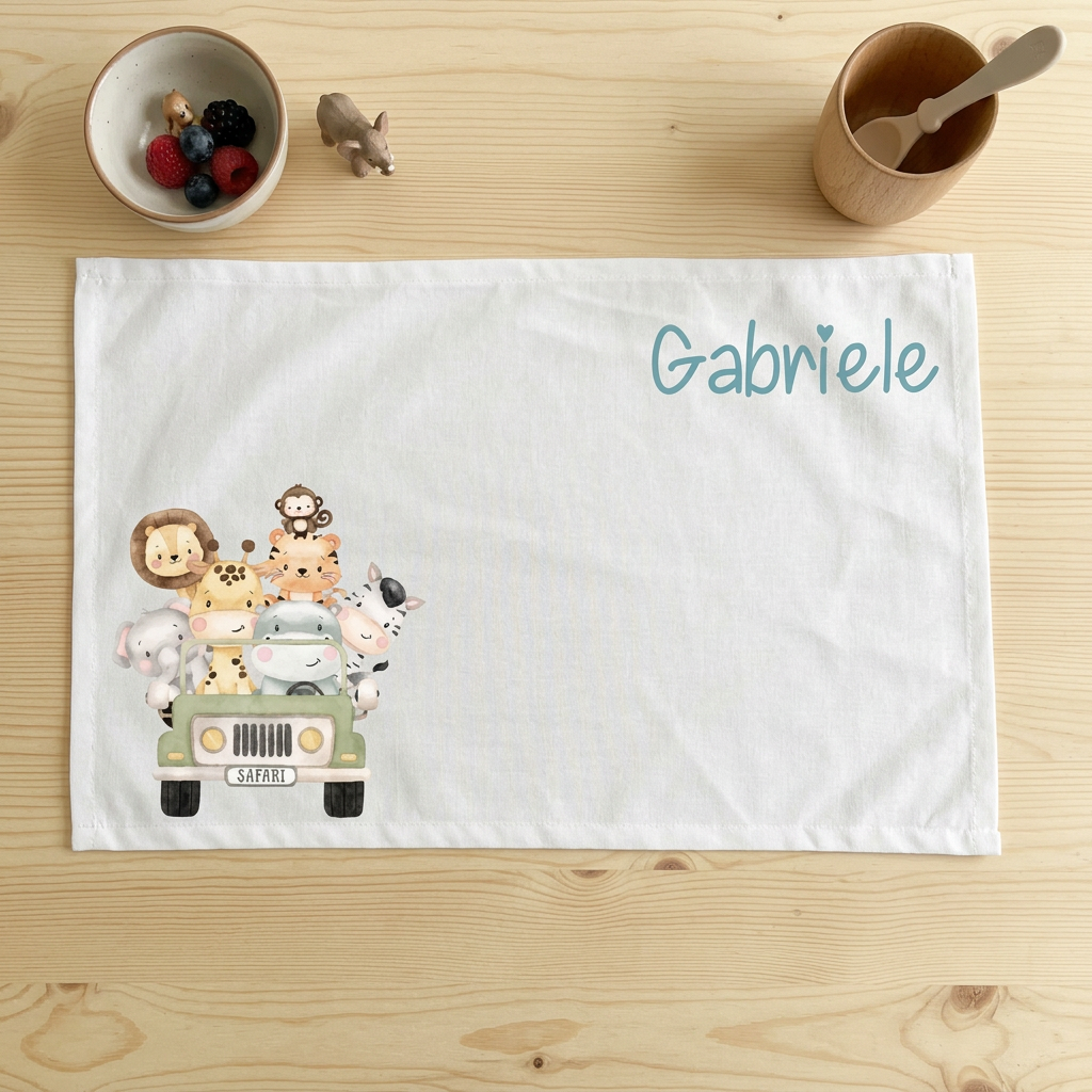 Tovaglietta Asilo Bambino Personalizzata – Set Pappa con Nome Safari verde