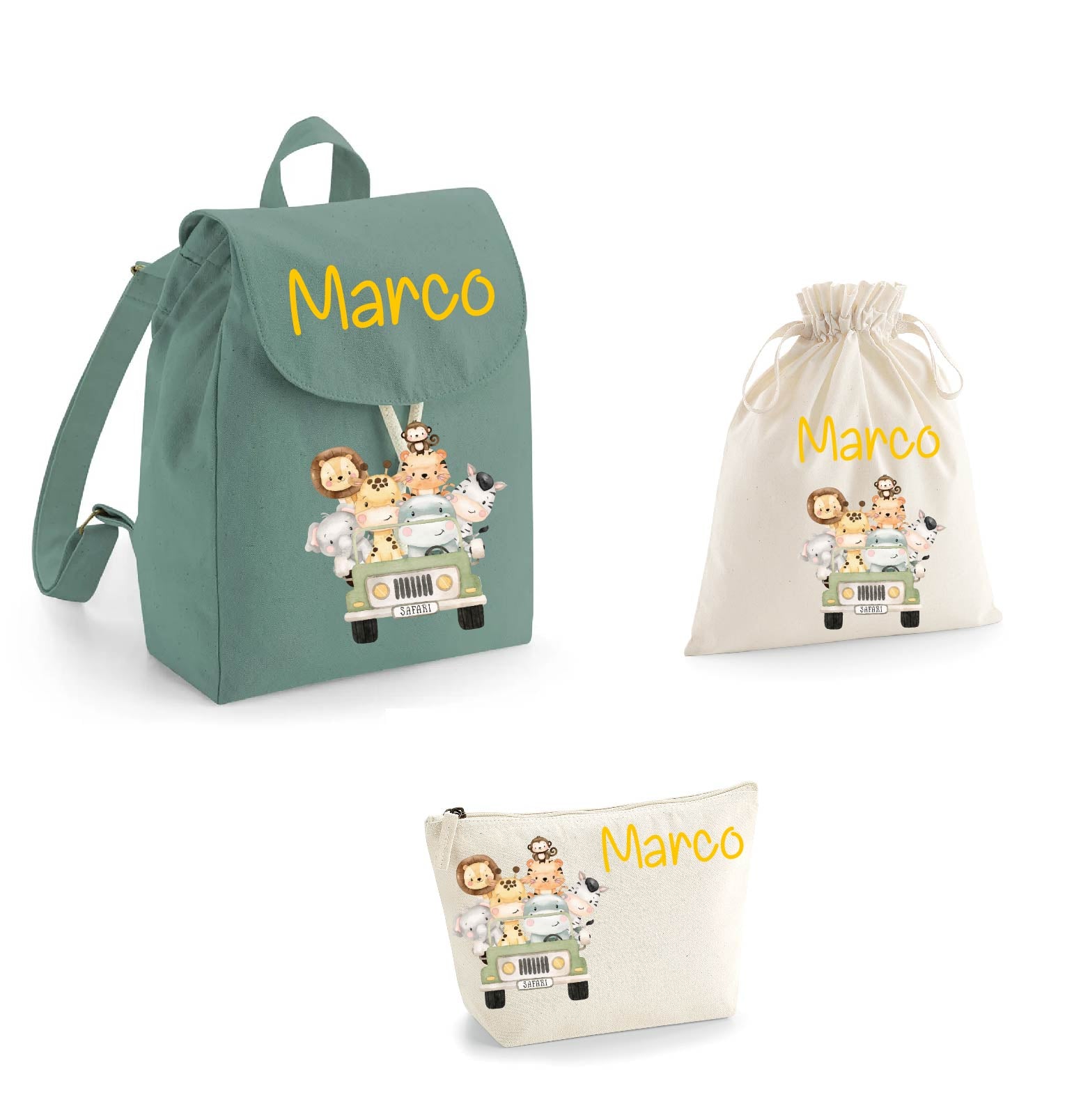 Set asilo Mini Zaino, Sacchetto cambi e beauty Safari Verde - Be Brave Boutique
