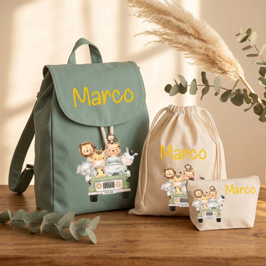 Set Asilo Bambino Personalizzato – Zaino, Sacchetto e Beauty Safari Verde