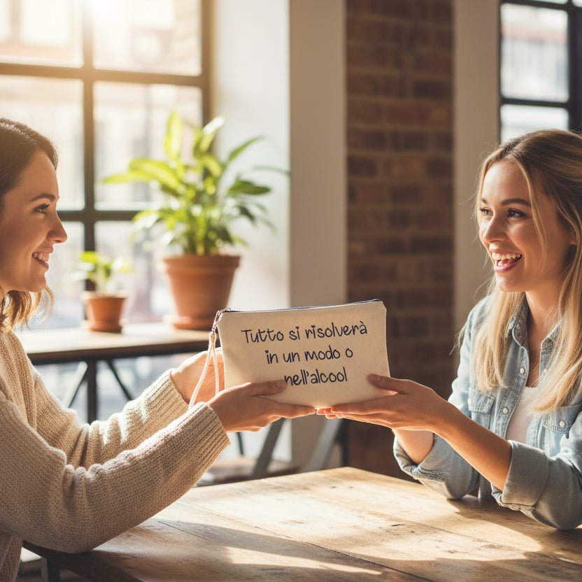 Pochette in cotone beige zip navy Frase divertente idea regalo “Tutto si Risolverà” - Be Brave Boutique