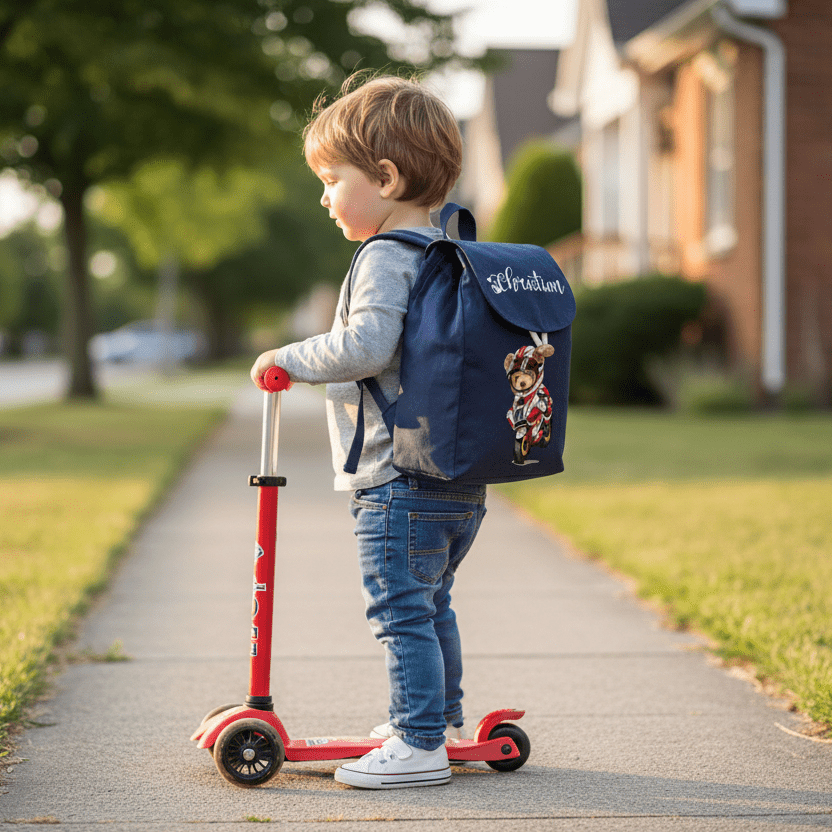 Set asilo Mini Zaino personalizzabile , Sacchetto cambi e beauty Orsetto in Moto