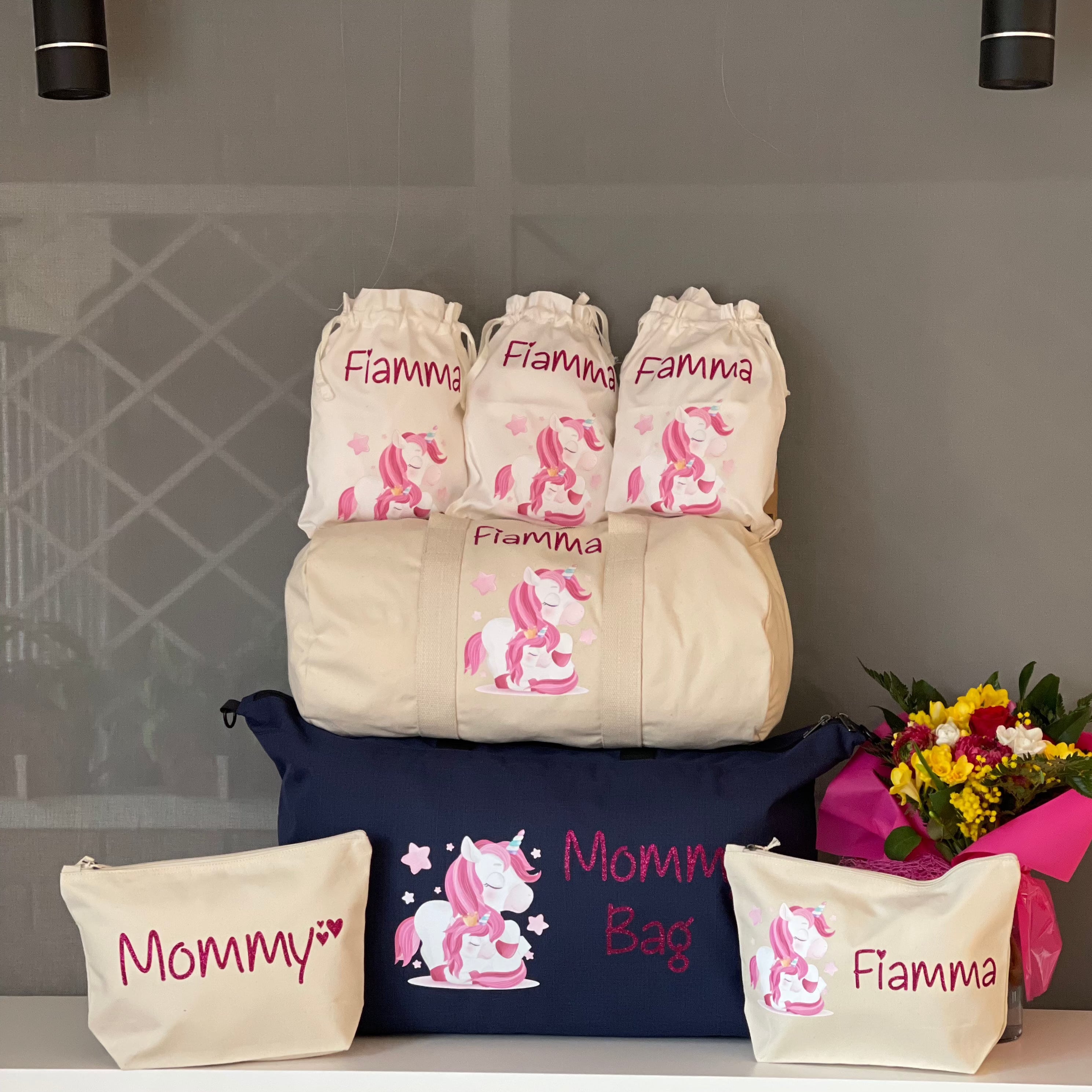Set Borsone Family più Borsone Baby Unicorno Mamma - Be Brave Boutique
