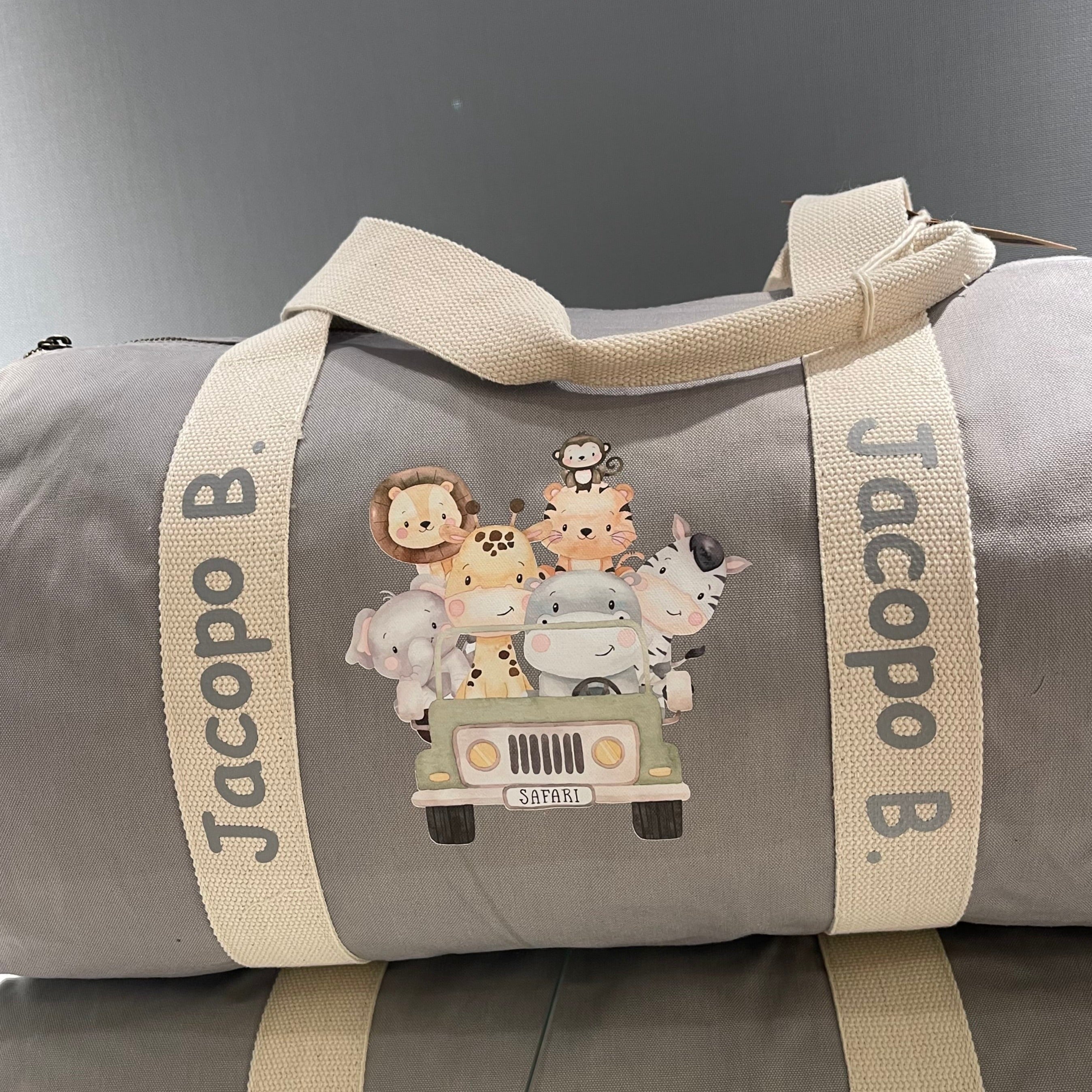 Set Borsone Baby e 2 beauty case in cotone canvas stampa Safari personalizzati con nome - Be Brave Boutique