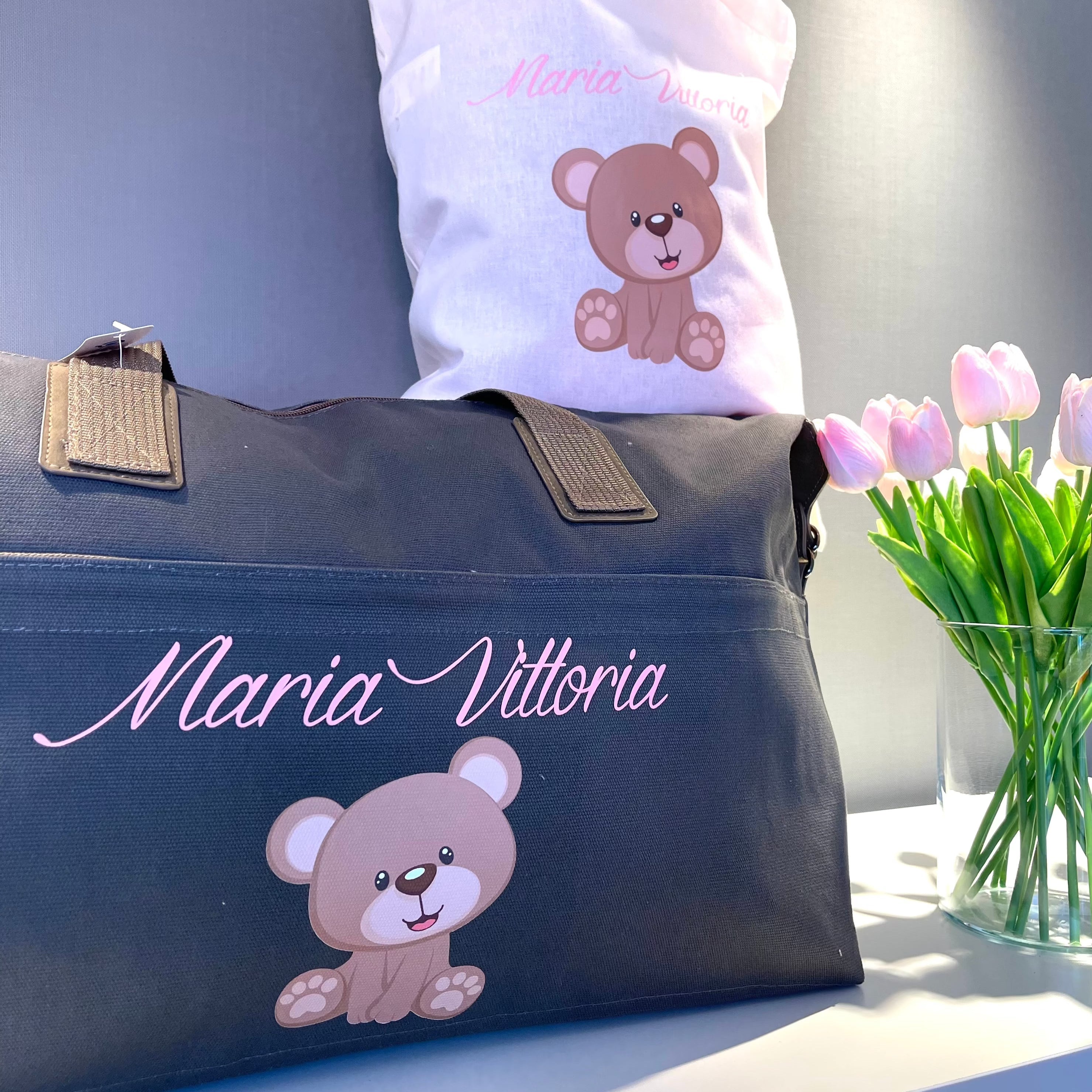Borsone medio in cotone Orsetto più shopper abbinata e personalizzata - Be Brave Boutique