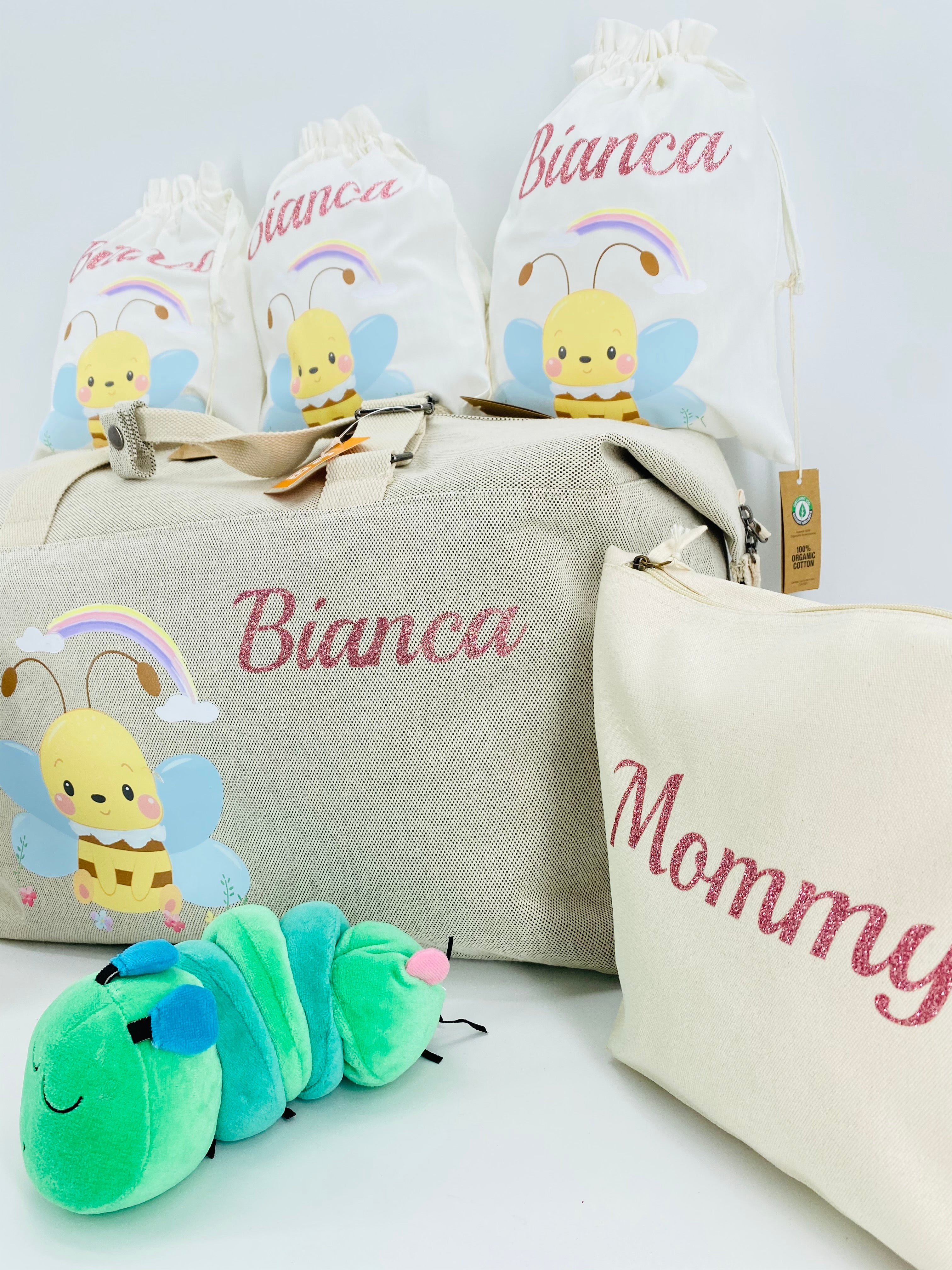 Borsone ape, 2 pochette MEDIE O LARGE e 3 sacchi in cotone organico ABBINATI E PERSONALIZZATI - Be Brave Boutique