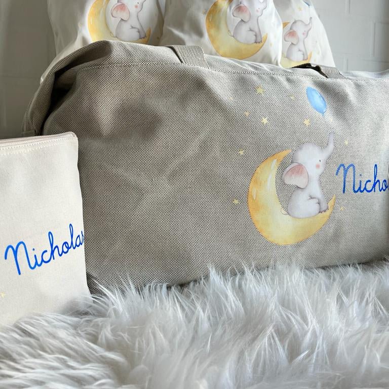 Borsone Elefantino sulla luna , 2 pochette e 3 sacchi in cotone organico - Be Brave Boutique