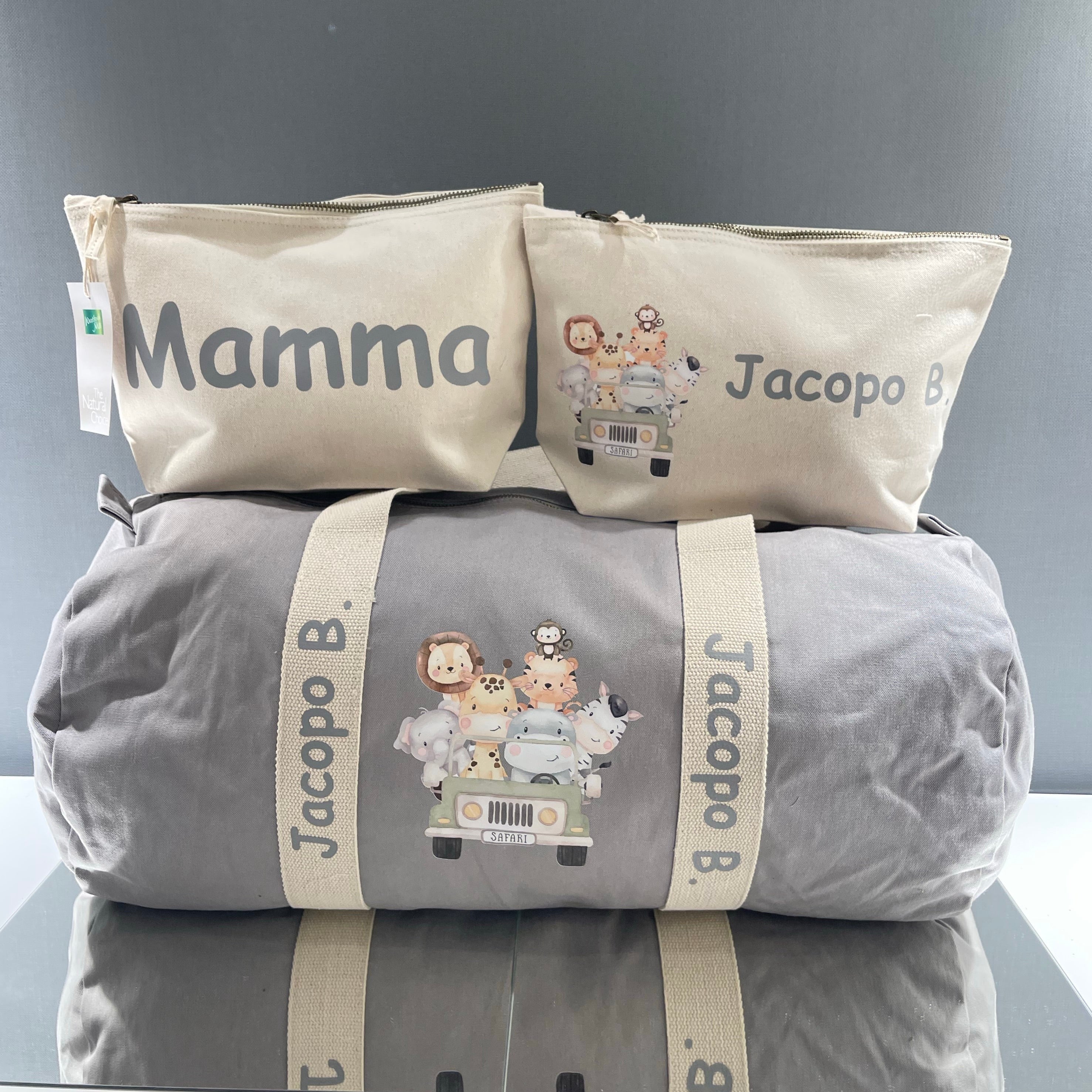 Set Borsone Baby e 2 beauty case in cotone canvas stampa Safari personalizzati con nome - Be Brave Boutique