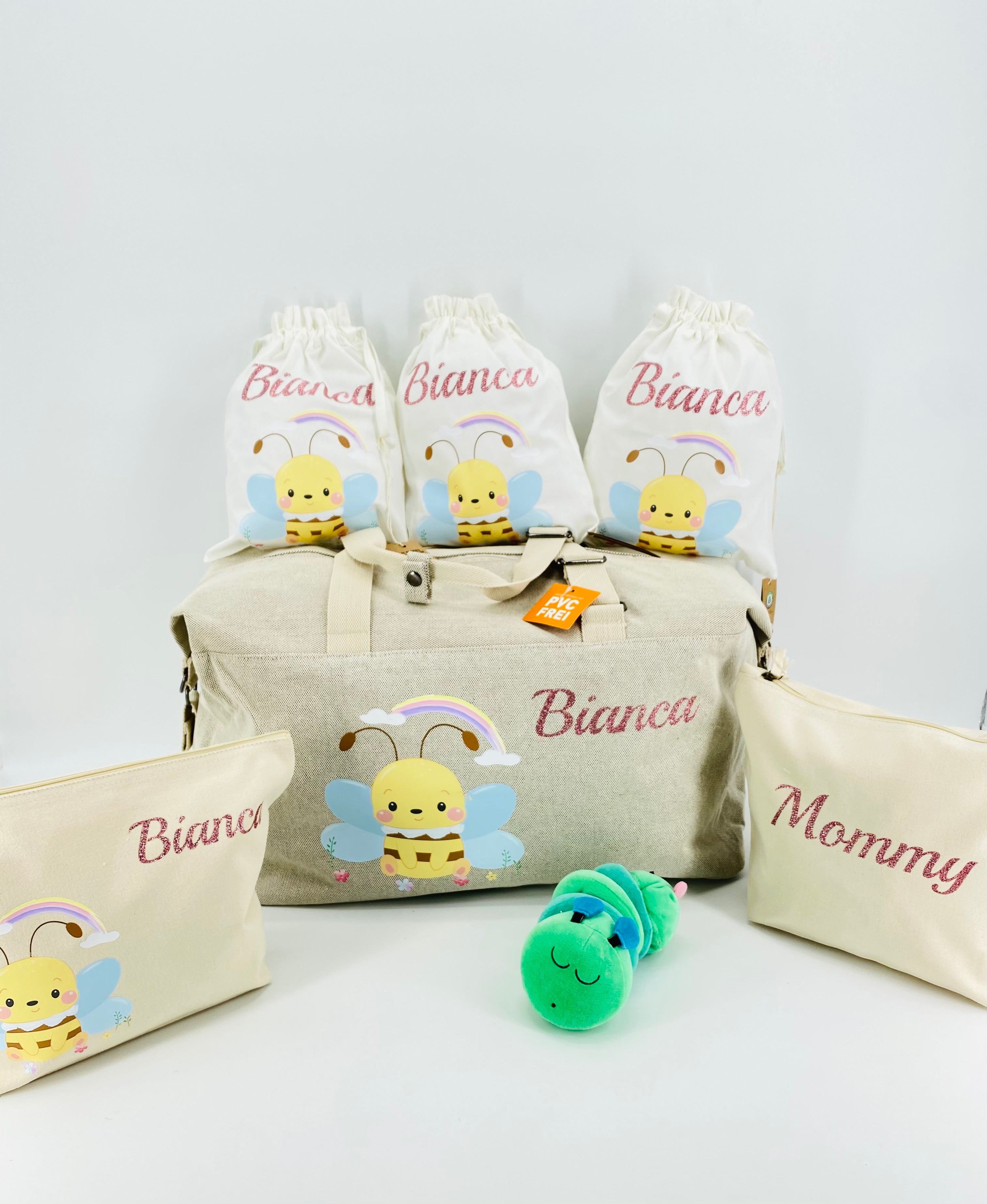 Borsone ape, 2 pochette MEDIE O LARGE e 3 sacchi in cotone organico ABBINATI E PERSONALIZZATI - Be Brave Boutique